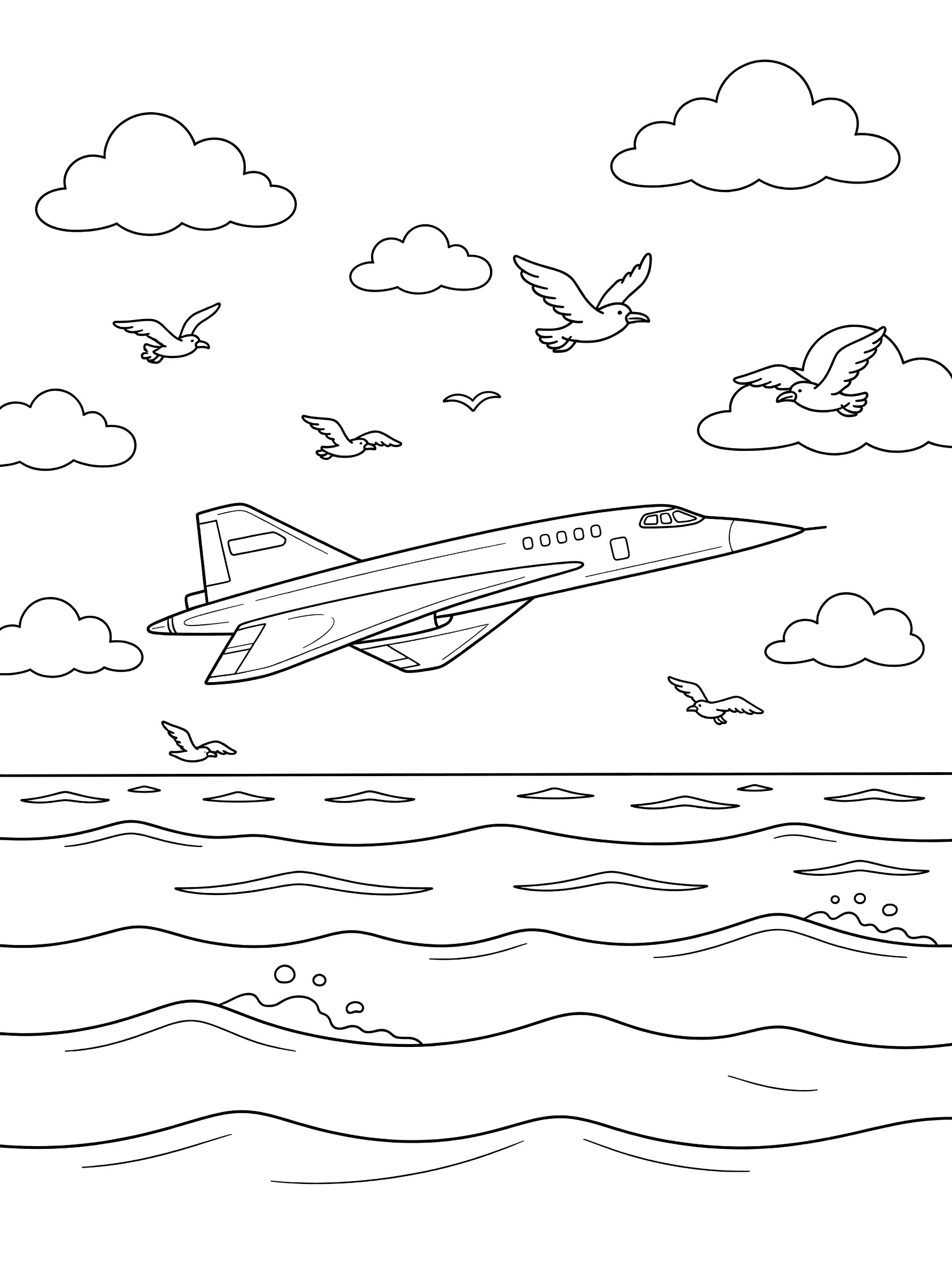 Black-and-white coloring page of a cartoon Concorde supersonic jet soaring over ocean waves, with seagulls flying nearby and clouds in the sky.