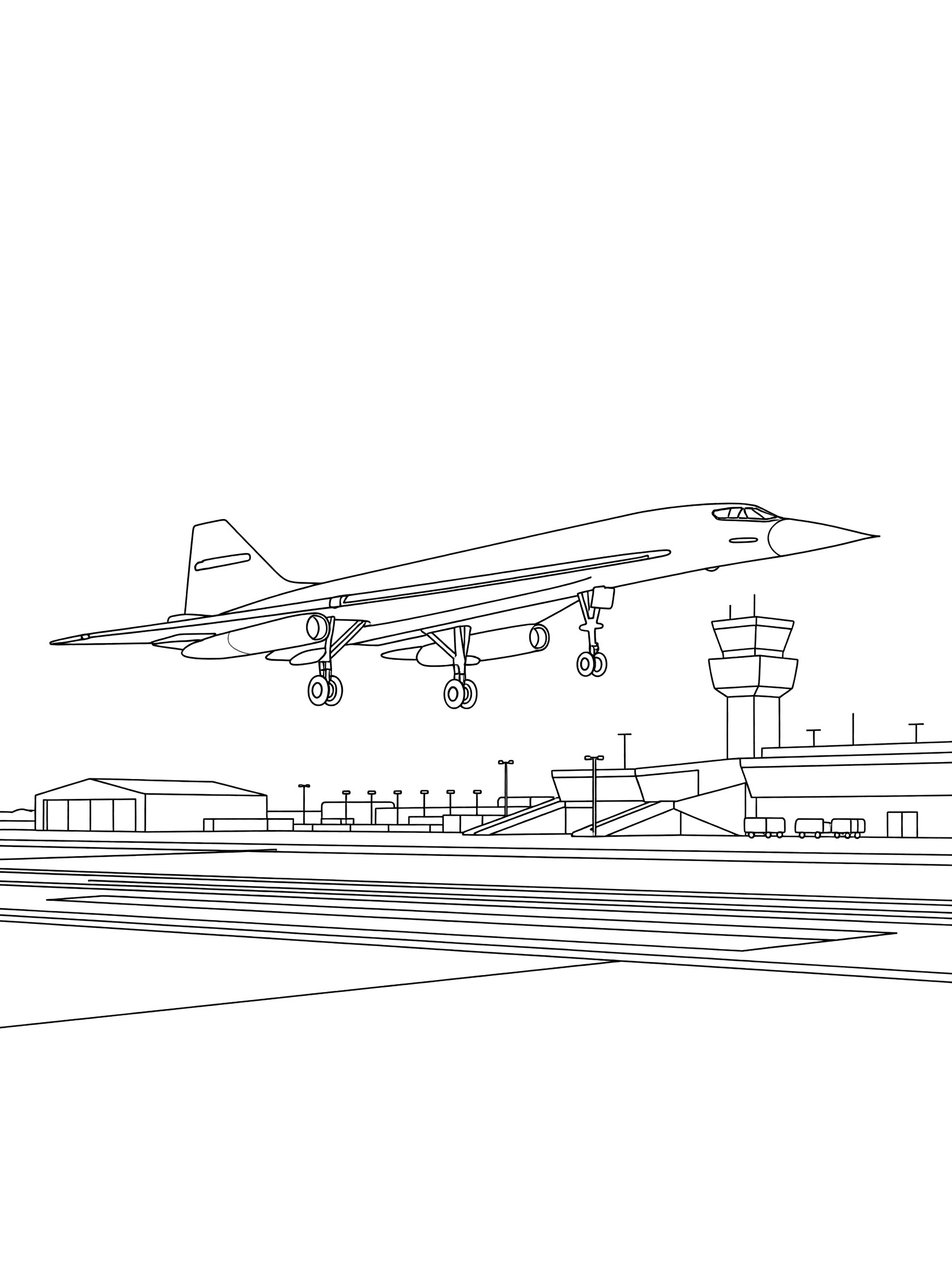 Black and white line art coloring page showing Concorde jet in side view landing at airport with extended landing gear, runway stripes, control tower, terminal, and hangars.