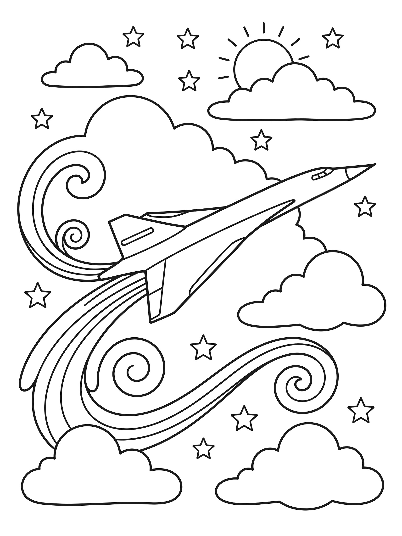 Black and white line art coloring page showing a Concorde supersonic jet plane dashing through fluffy clouds with swirly trails, stars, and a sun.