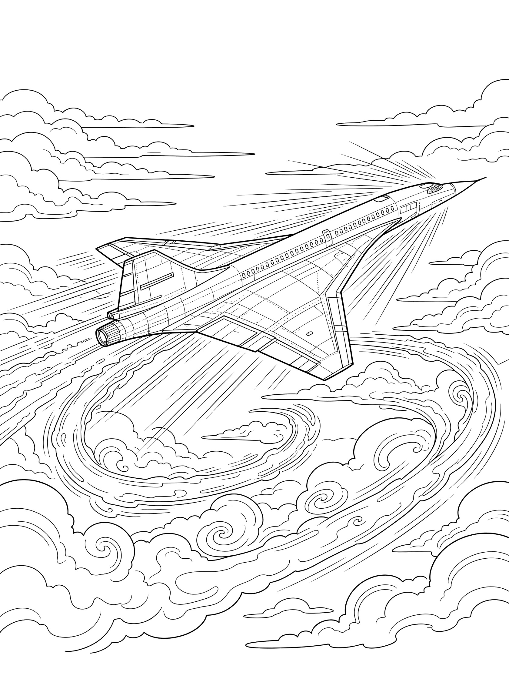 Black and white line art of Concorde supersonic plane flying at high speed, forming a conical vapor cone around its nose, with delta wings, engine trails, motion lines, and swirling clouds below.