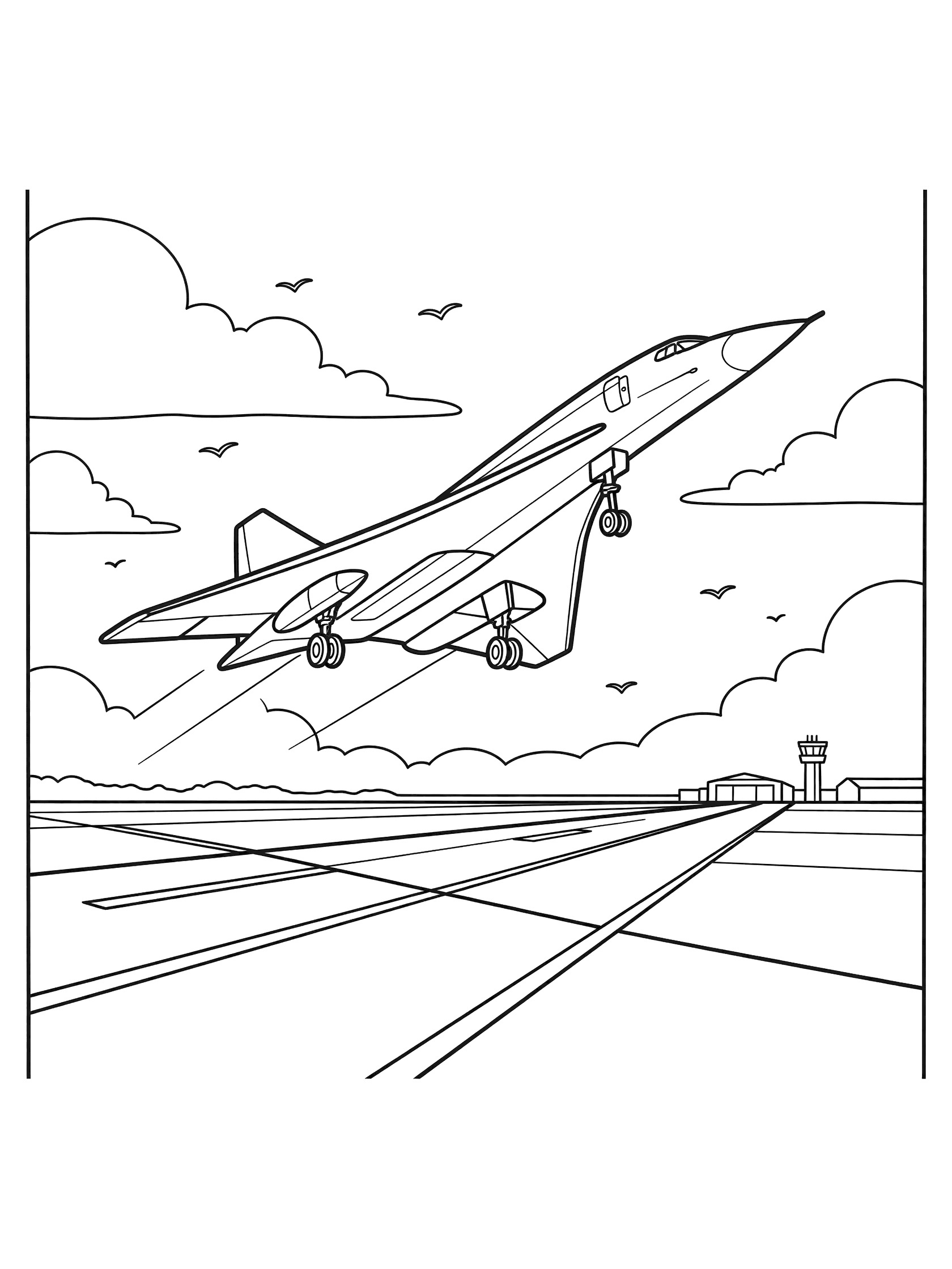 Line art coloring page of Concorde plane with delta wings lifting off runway, nose up, wheels leaving ground, airport tower, hangars, clouds and birds in sky.