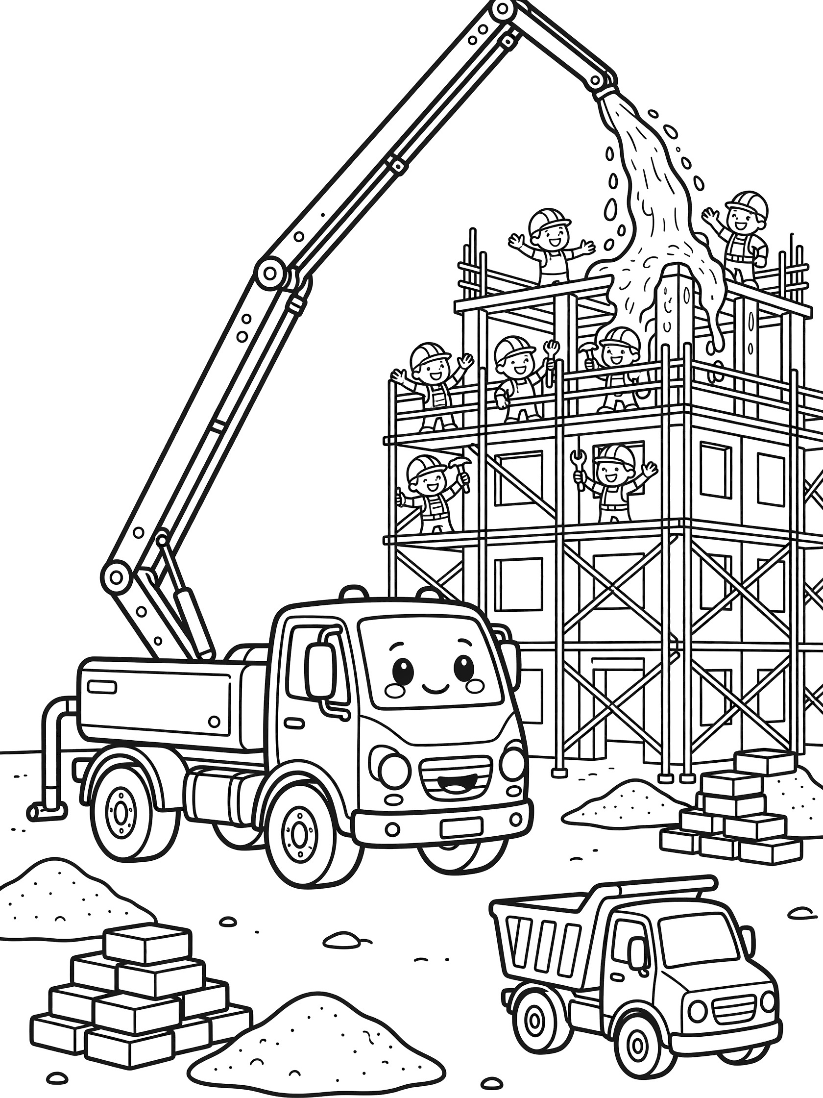 Black and white coloring page of a smiling concrete pump truck extending its boom high to pour concrete into a construction building, workers waving on top, dump truck and bricks in front