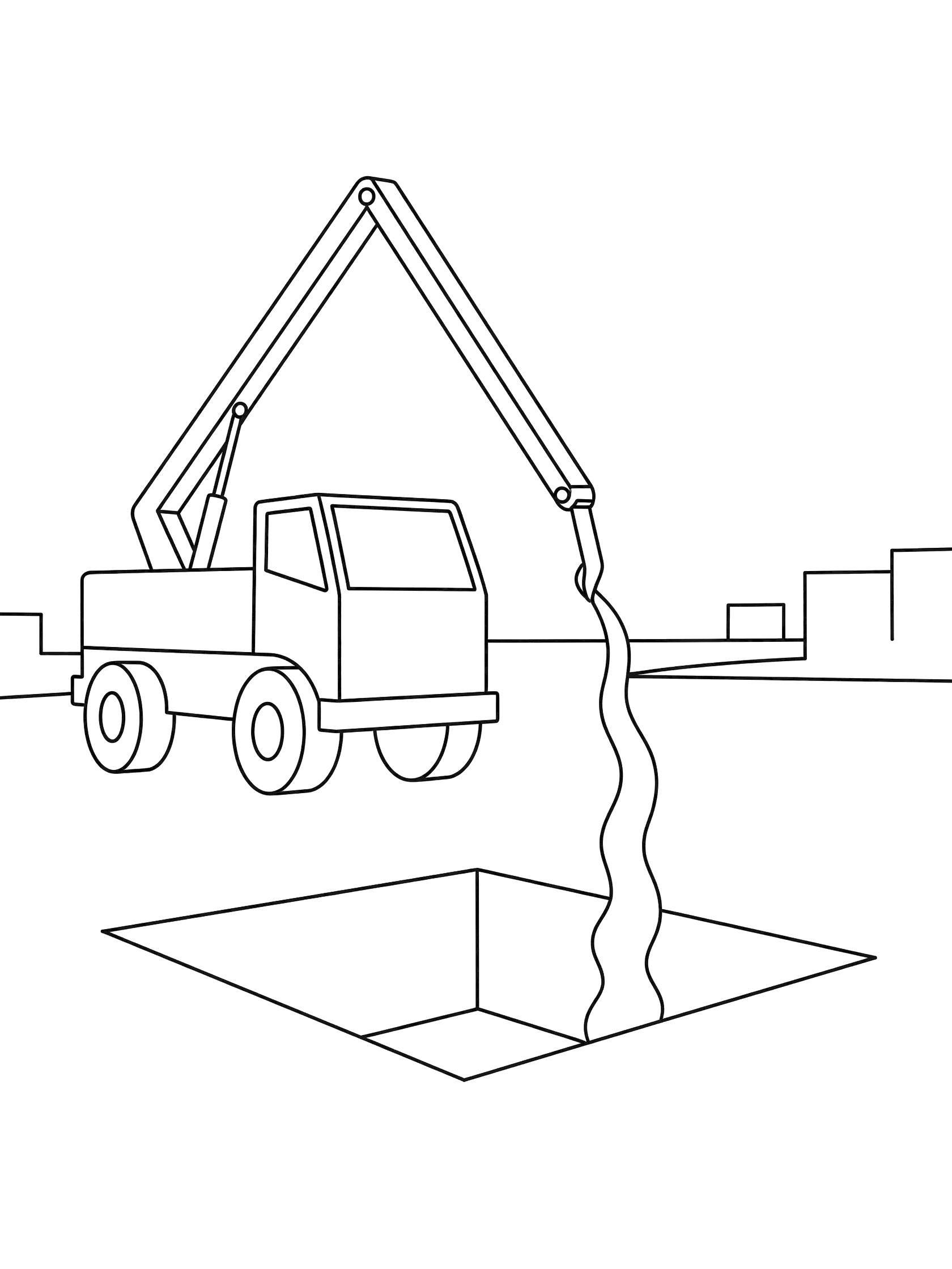Black and white line drawing of a concrete pump truck with boom arm extended straight, pouring wavy concrete stream into a square foundation pit, large tires and truck body visible.