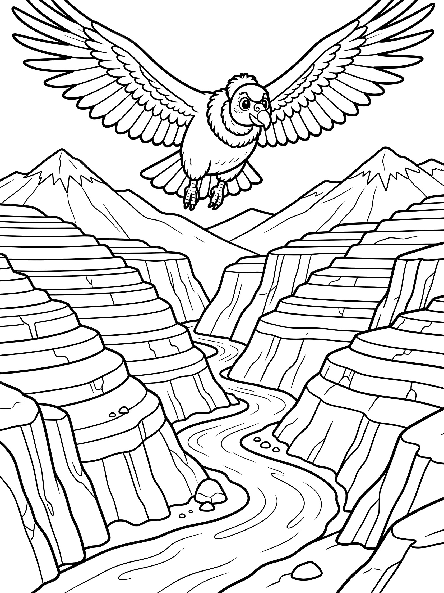 Black and white coloring page of a large condor bird with wide wings flying over layered canyon cliffs, tall mountains, and a curving river with a rock. Colca Canyon themed black and white printable line art