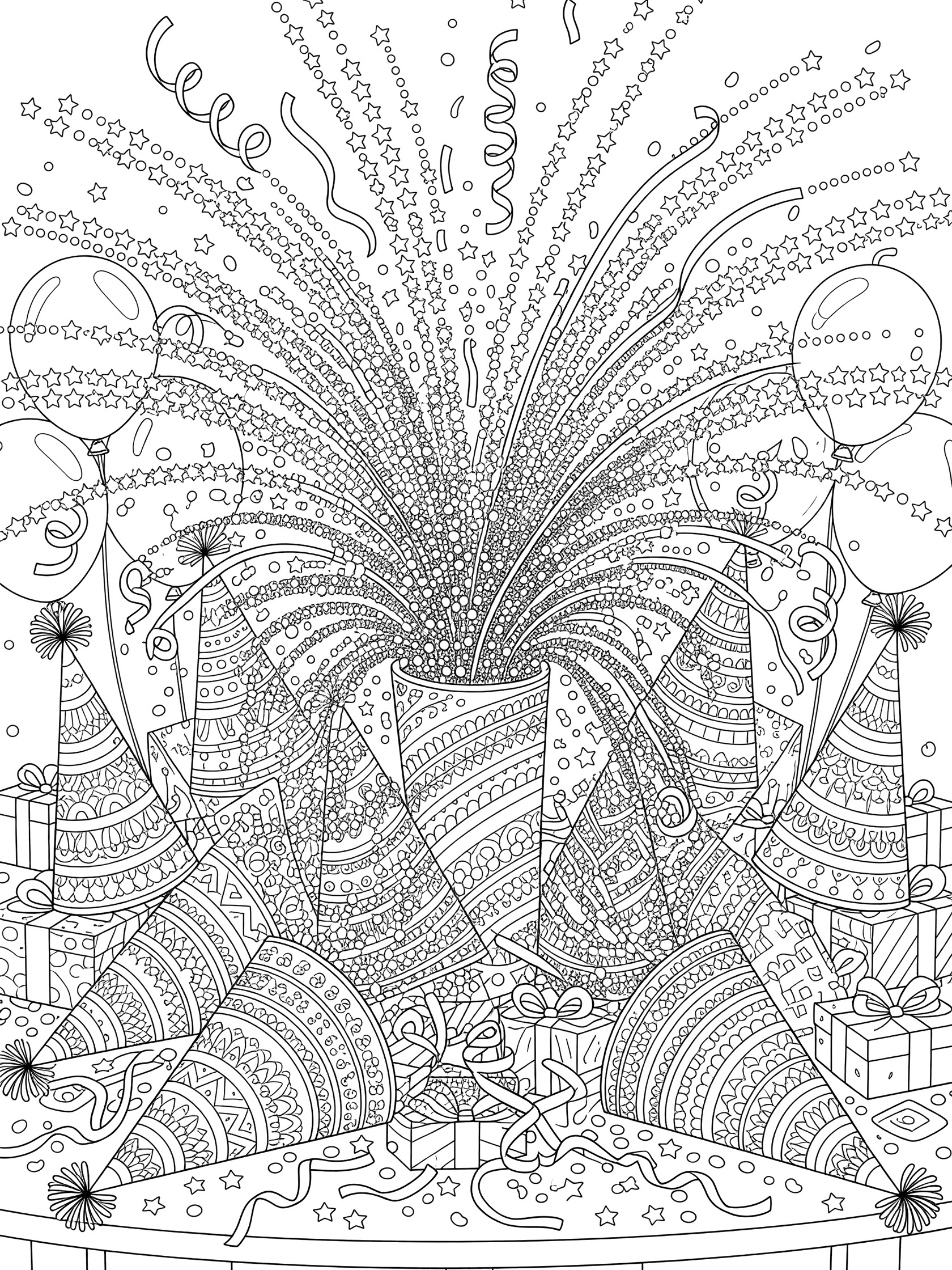 Detailed line art coloring page showing tall party hats bursting with star, dot, and ribbon confetti over a table with wrapped gifts and balloons.