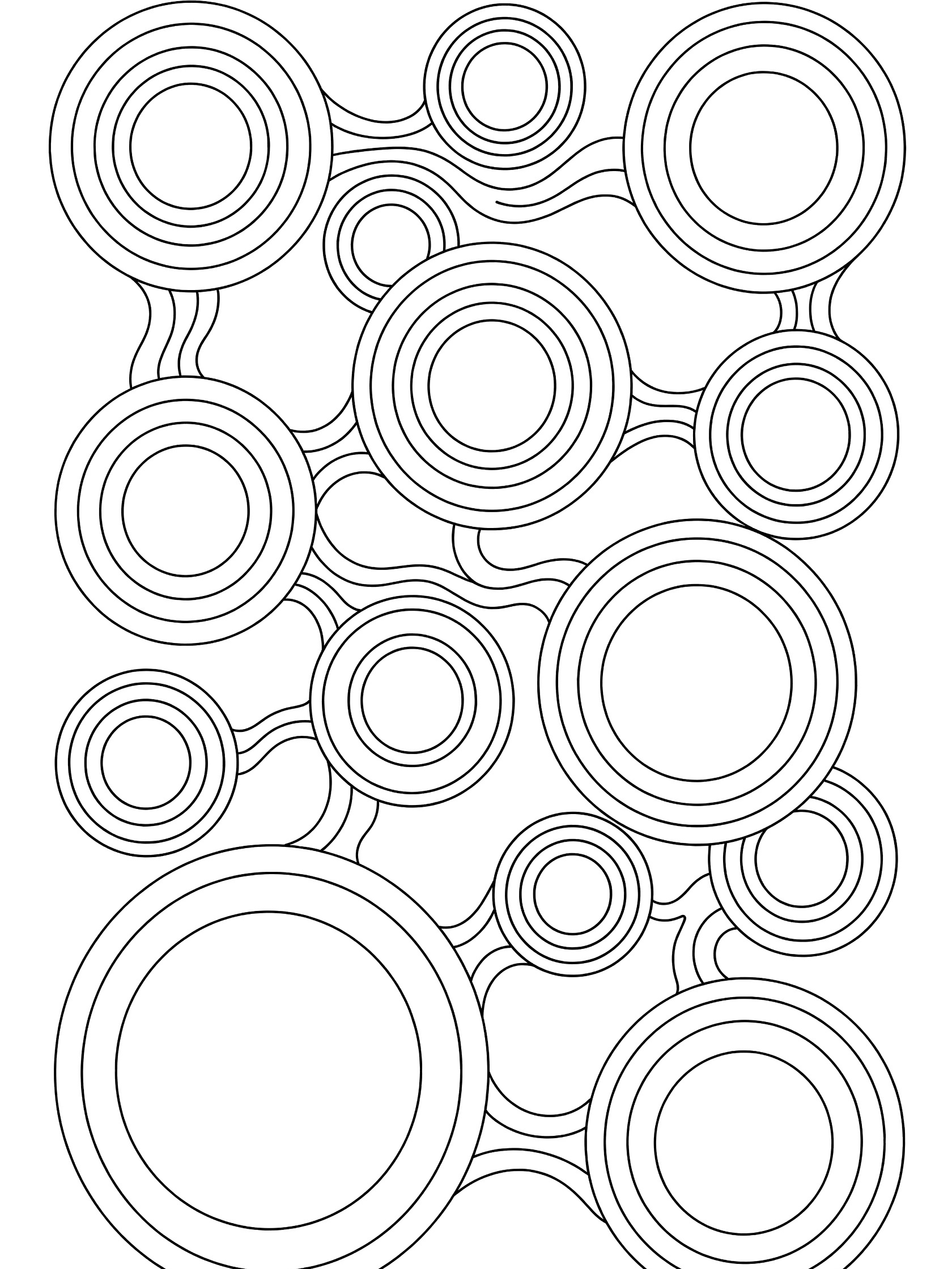 Black and white line art coloring page showing groups of nested circles in different sizes connected by gentle wavy lines across the page.