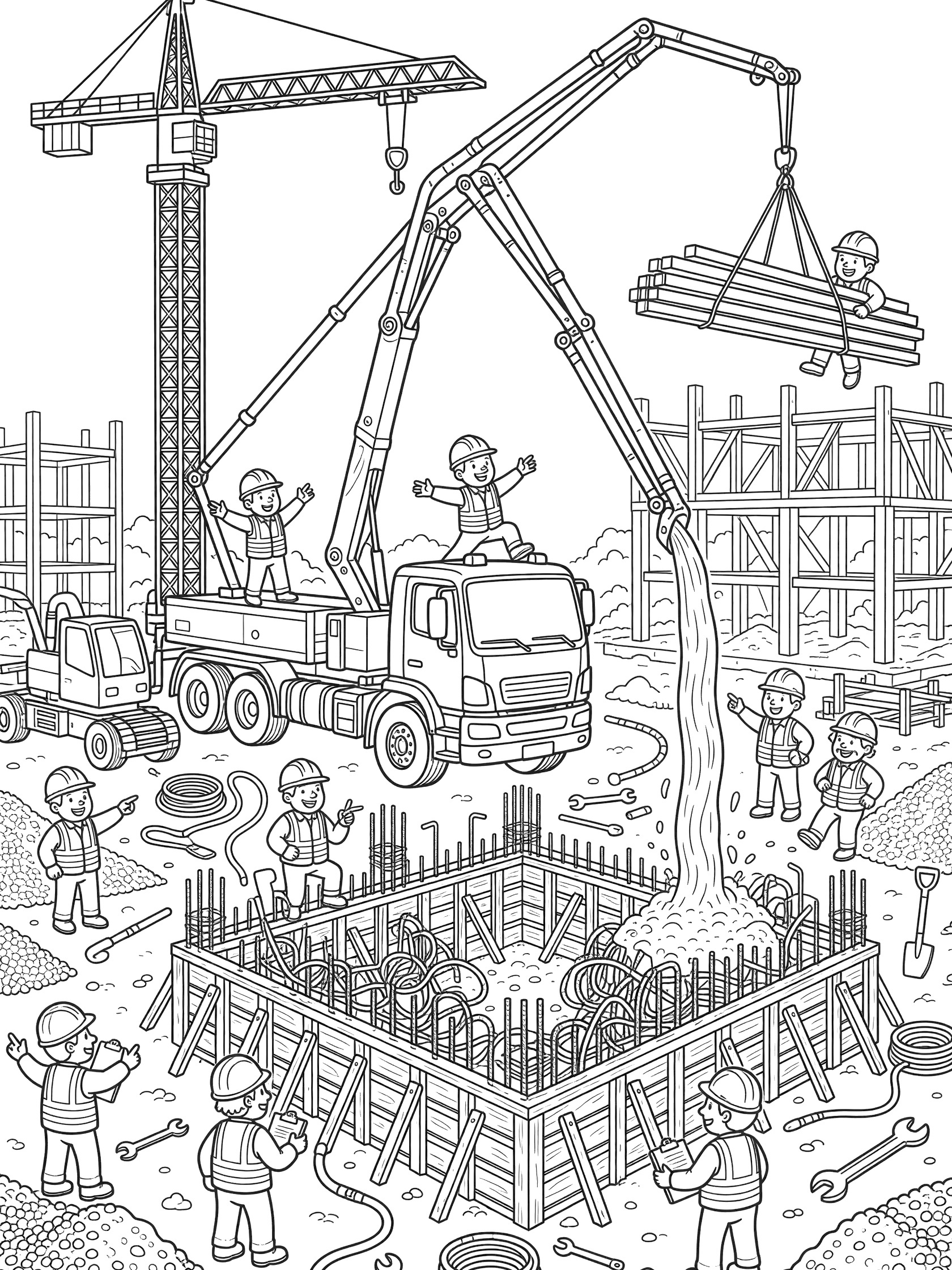 Detailed line art coloring page showing a concrete pump truck with twisting boom pouring concrete, a tall crane swinging steel beams, and workers in hard hats at a construction site.