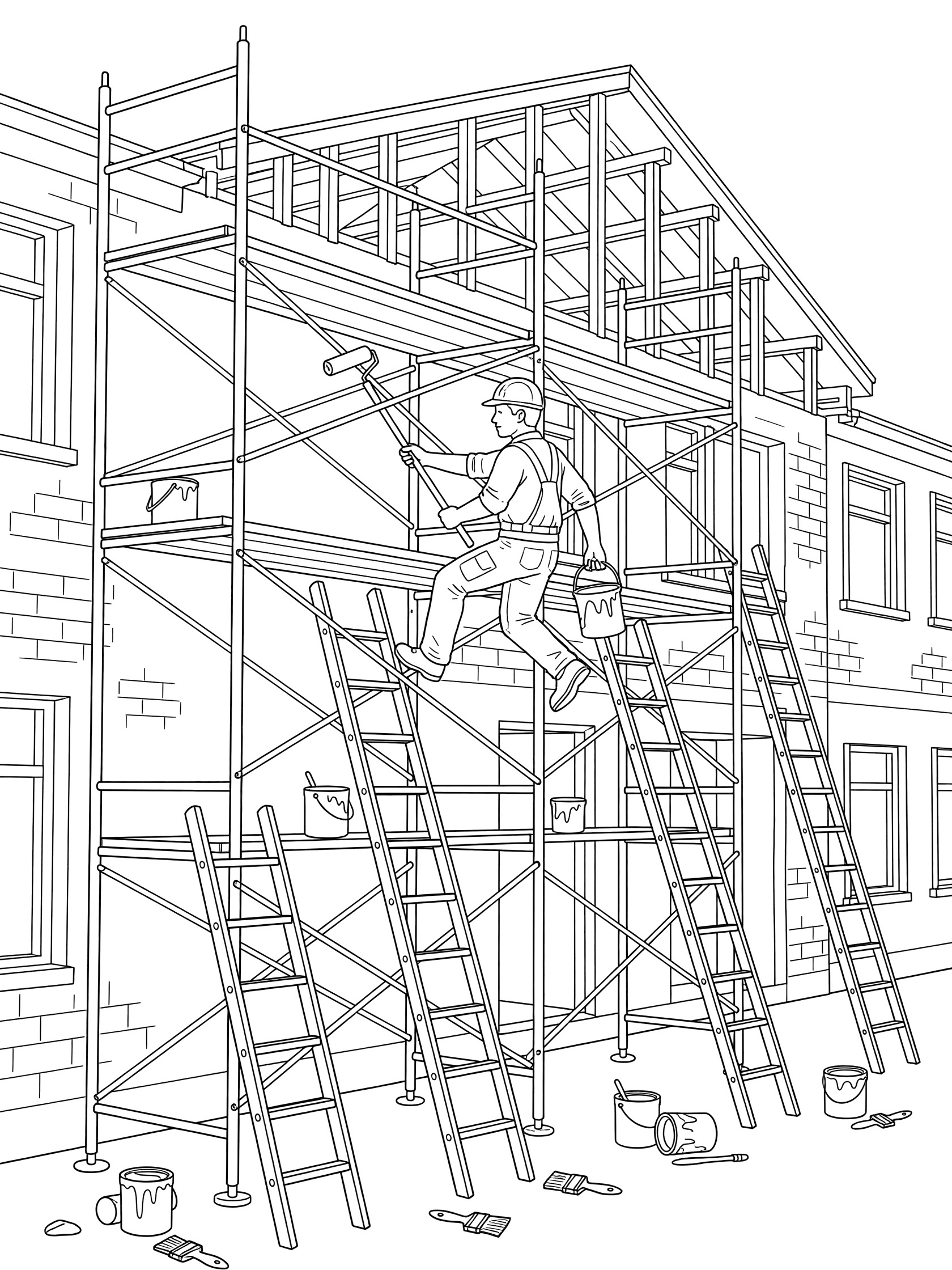 Black-and-white line art of a construction worker climbing scaffolding holding a paint roller, with ladders and paint cans near a brick building under construction.