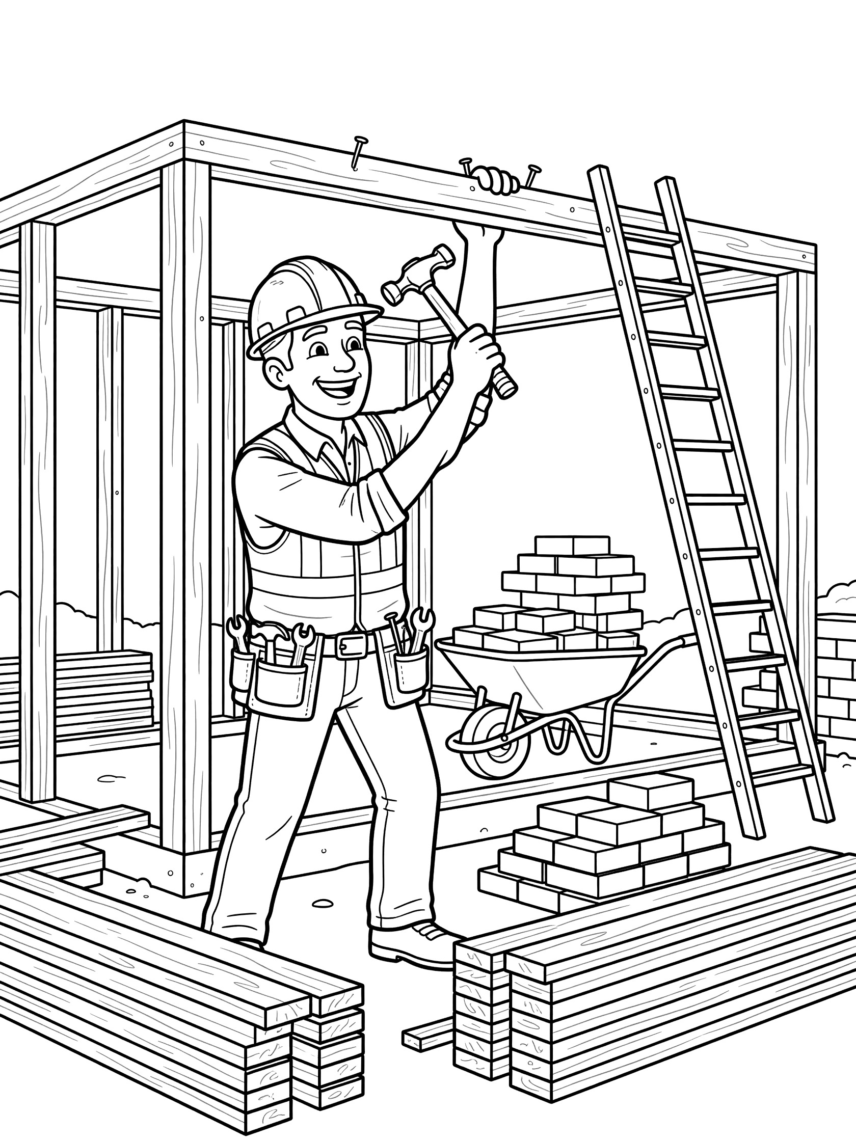 Black and white line art of construction worker hammering nails into wooden house frame at building site with ladder, bricks in wheelbarrow, and wood piles.
