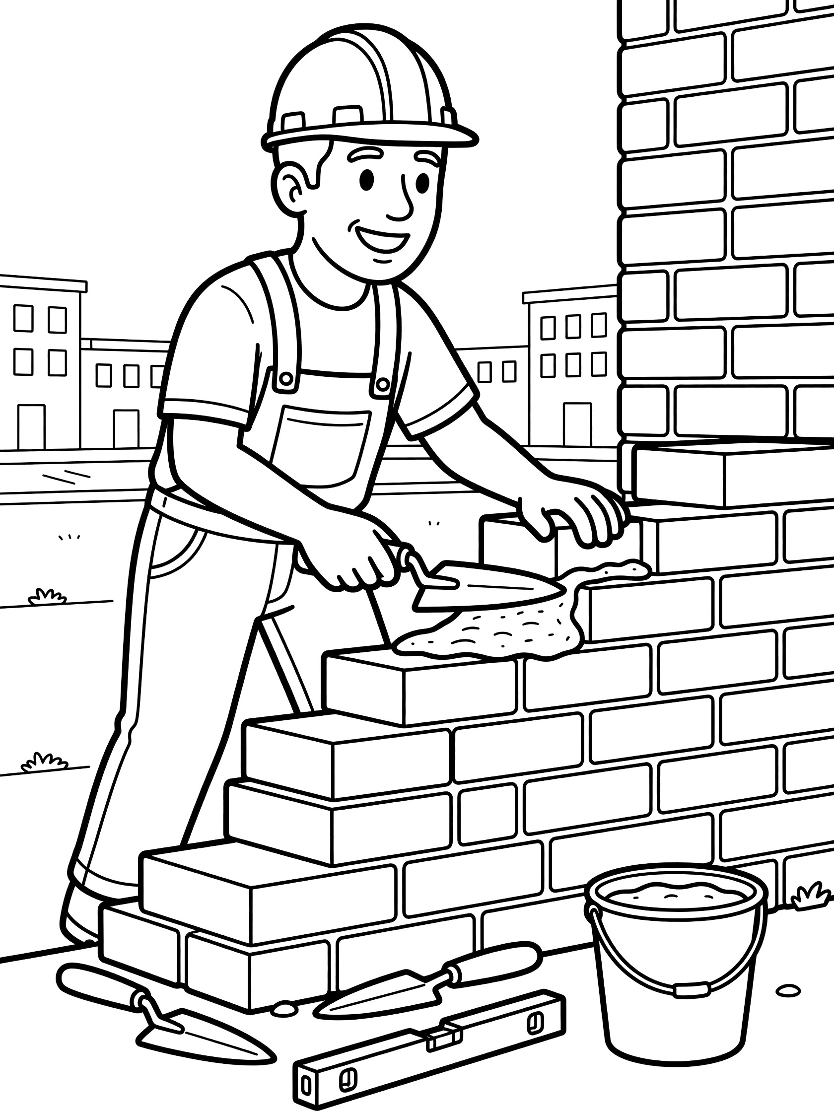Black-and-white coloring page of a smiling construction worker spreading mortar and laying bricks on a tall wall with tools like trowel, level, and bucket nearby.