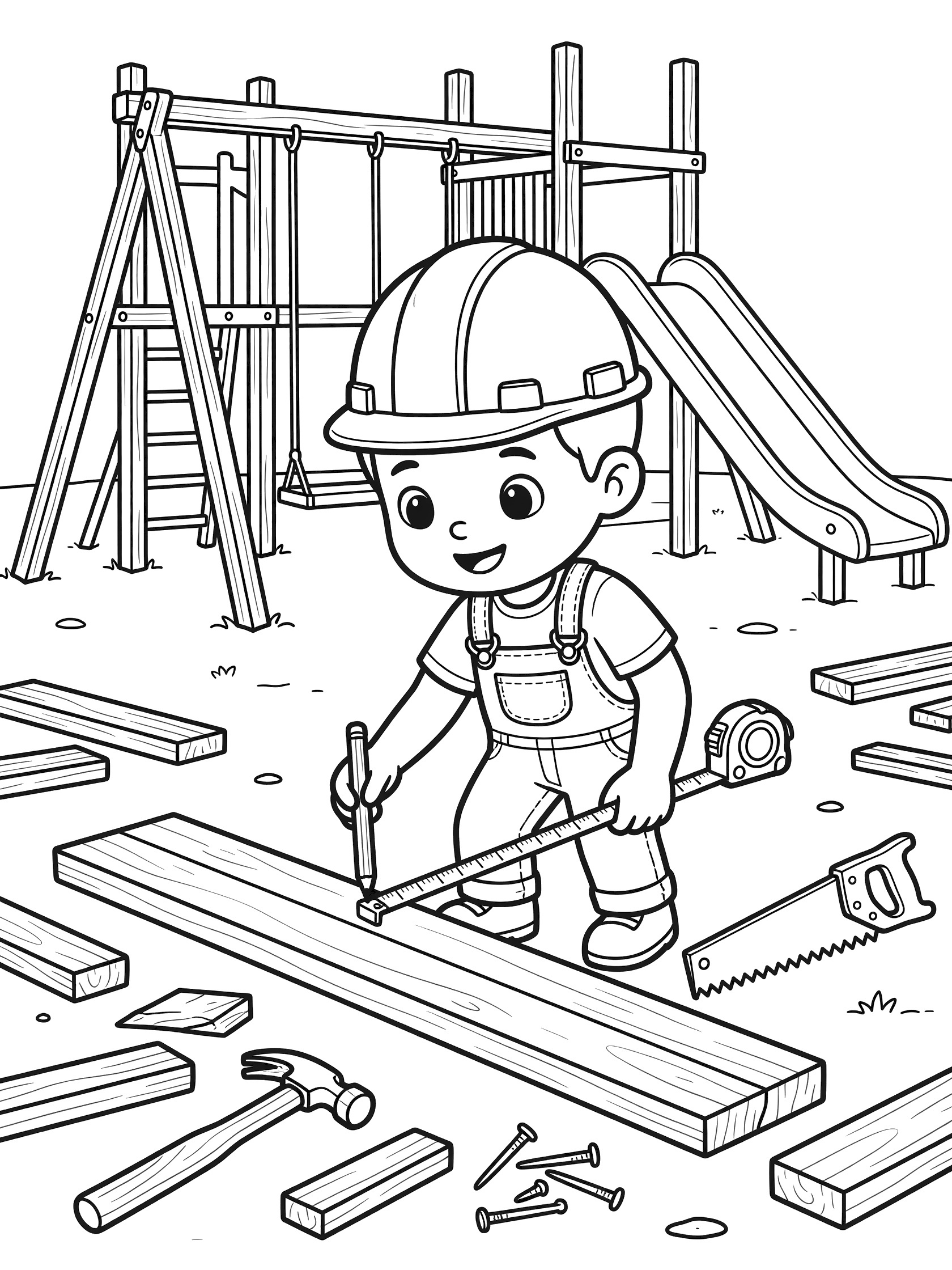 Cute construction worker in overalls and hard hat measuring a wooden plank with tape measure and sawing for playground build coloring page