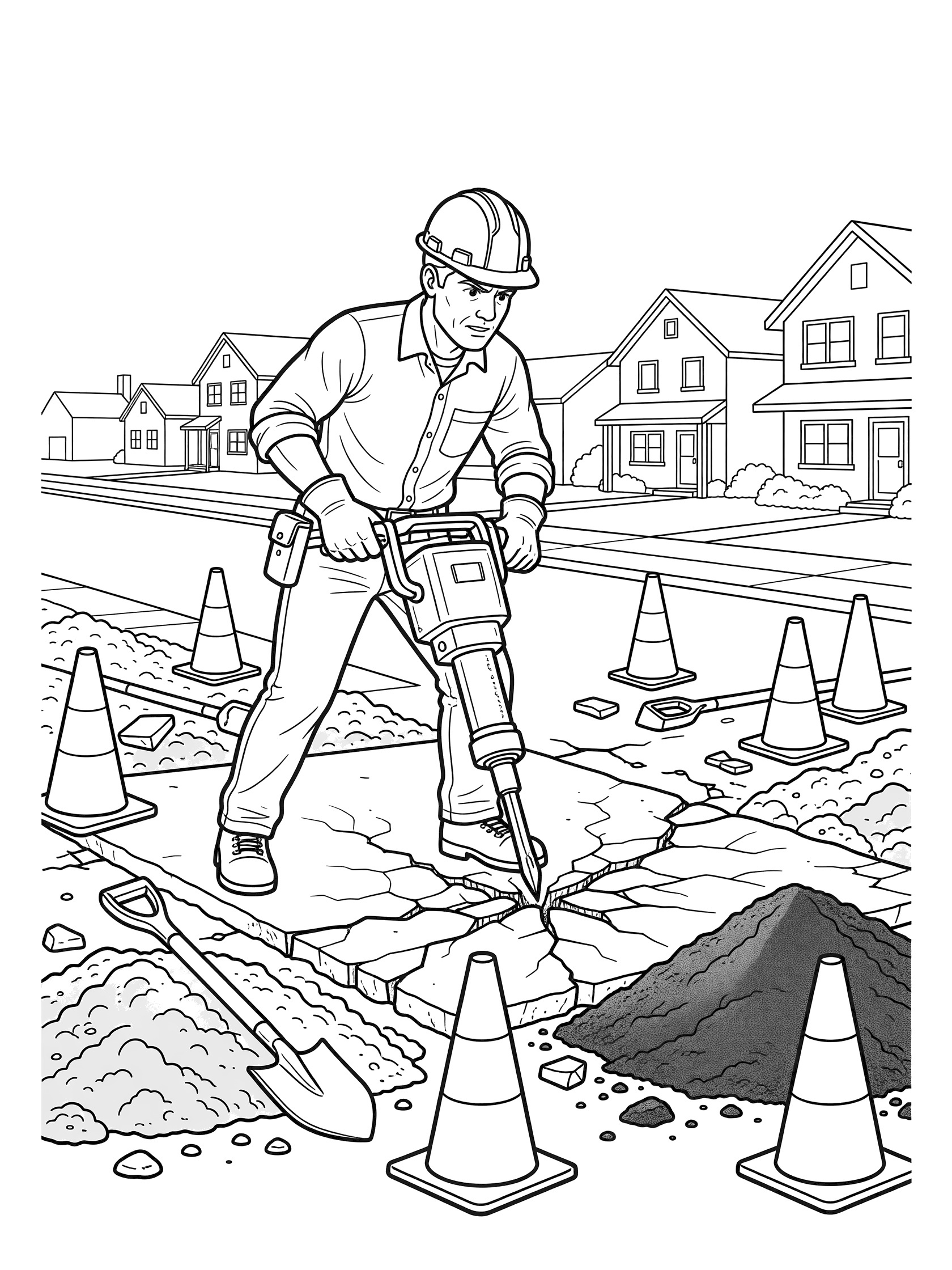Black and white line art of a construction worker in helmet and gloves operating a jackhammer on cracked pavement with traffic cones, shovel, asphalt, and houses nearby.