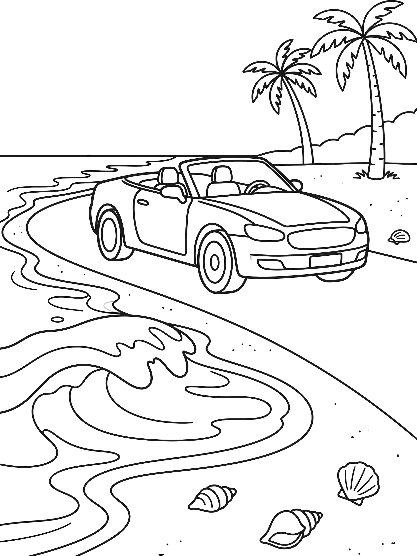 Black and white line art coloring page showing a convertible car with top down driving on a curvy sandy beach road next to ocean waves, with seashells on the sand and palm trees in the background. Convertibles themed black and white printable line art