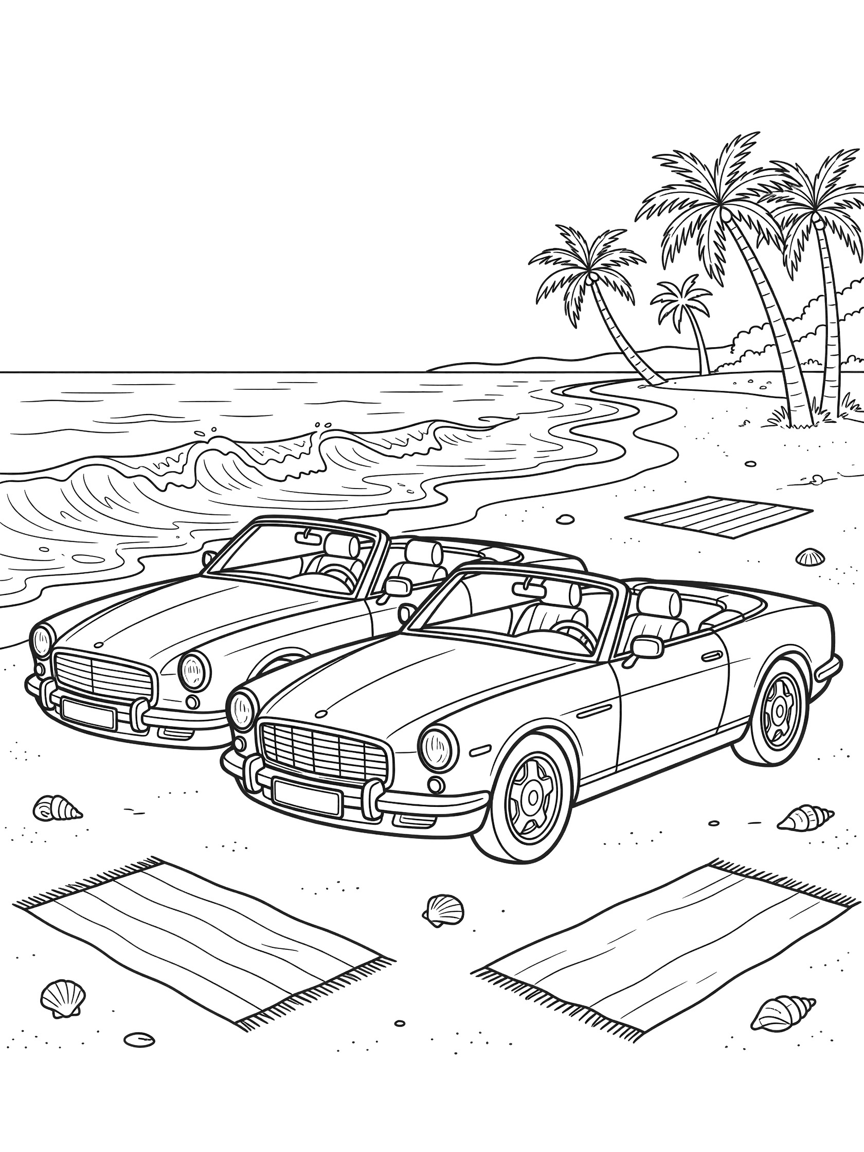 Black-and-white coloring page of two cartoon convertible luxury cars side by side on sandy beach with tops down, waves, palm trees, seashells, and towels