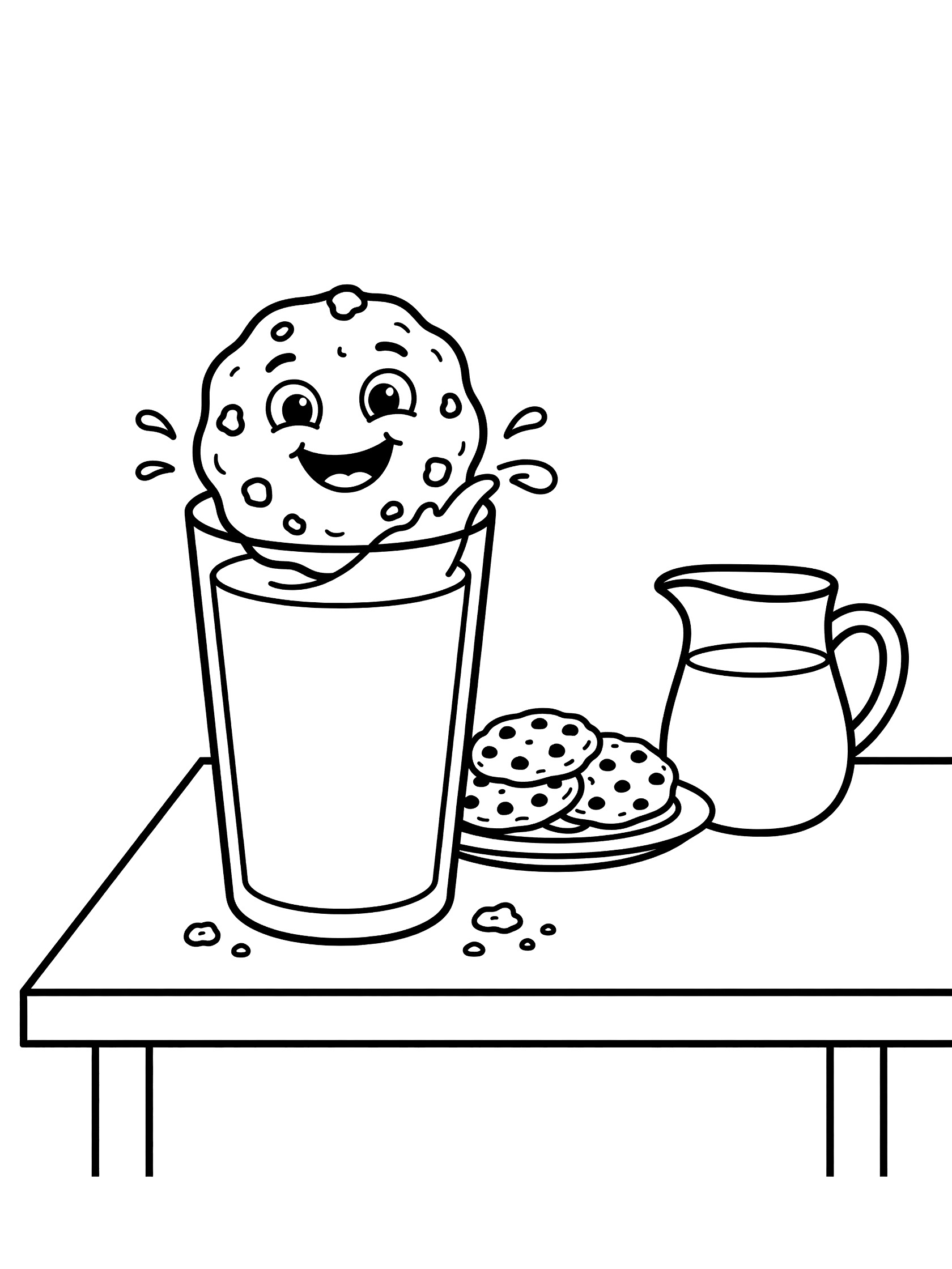 Printable coloring page showing a happy cookie being dunked in a glass of milk with milk splashes, cookie crumbs, plate of cookies, and milk pitcher on a table