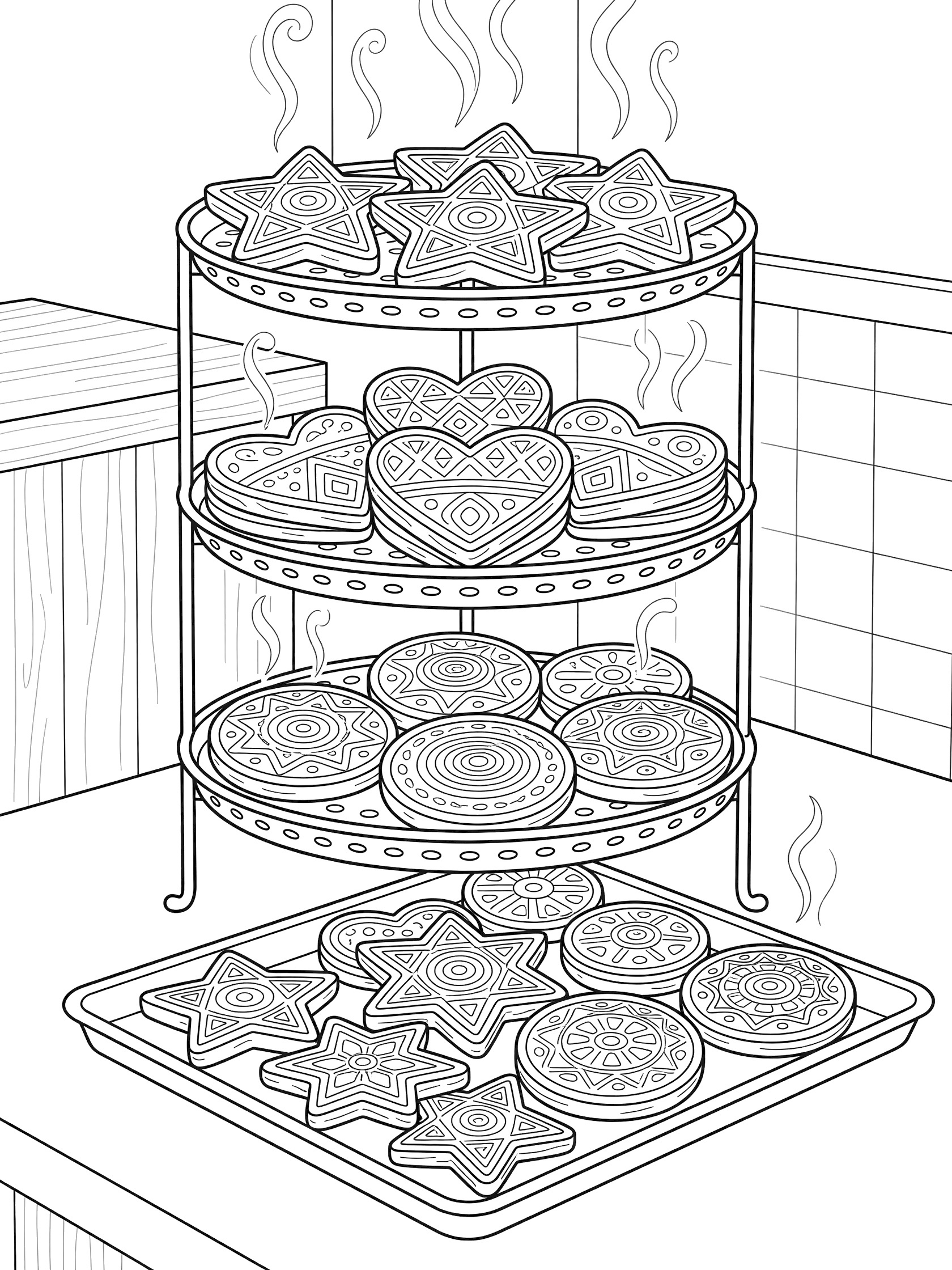 Black and white line art coloring page showing cookies arranged on a three-tier cooling stand with star-shaped, heart-shaped, and geometric patterned cookies plus steam wisps and extra tray.