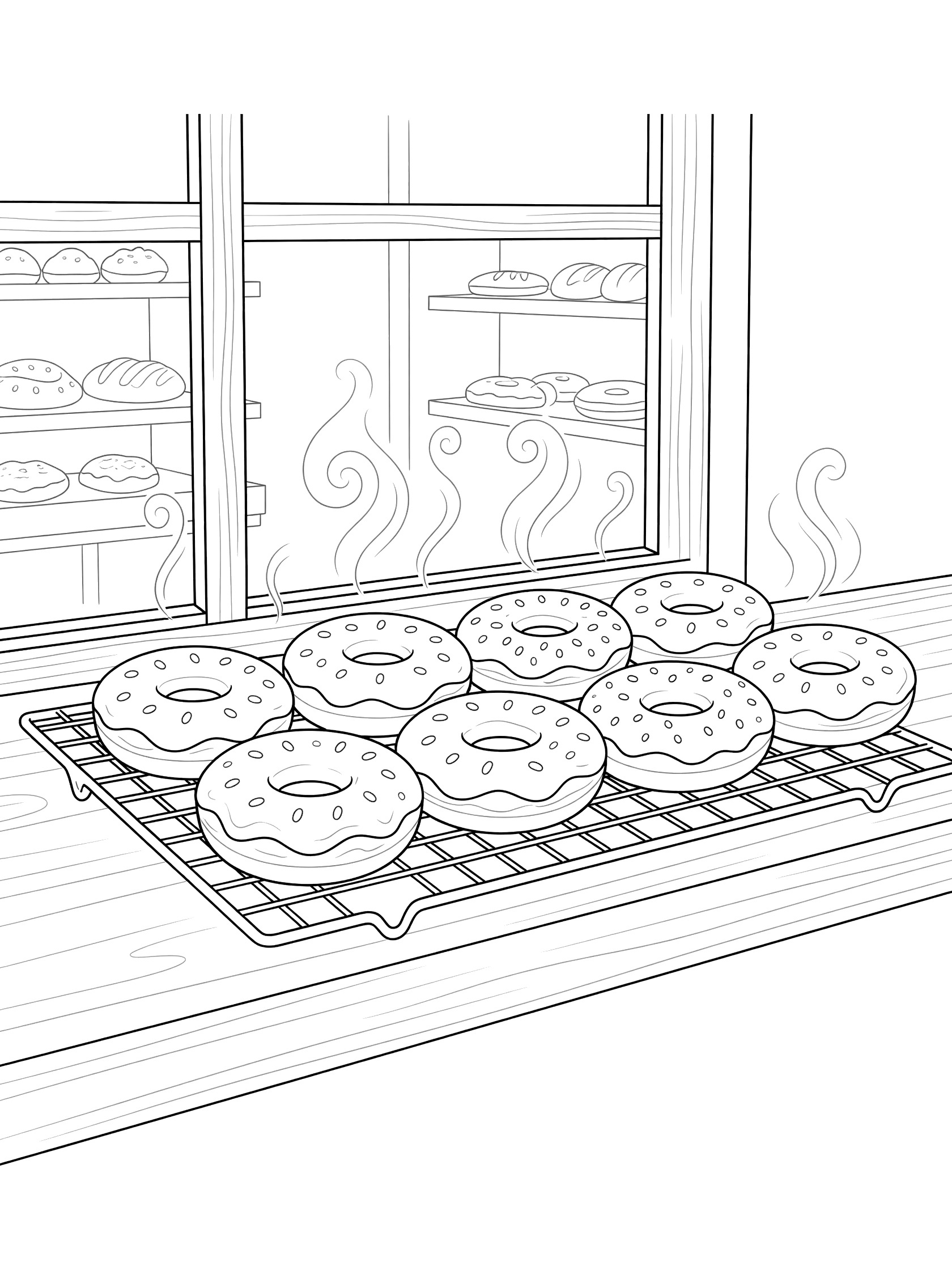 Black and white coloring page of donuts cooling on a rack with steam lines, next to a window with bakery shelves