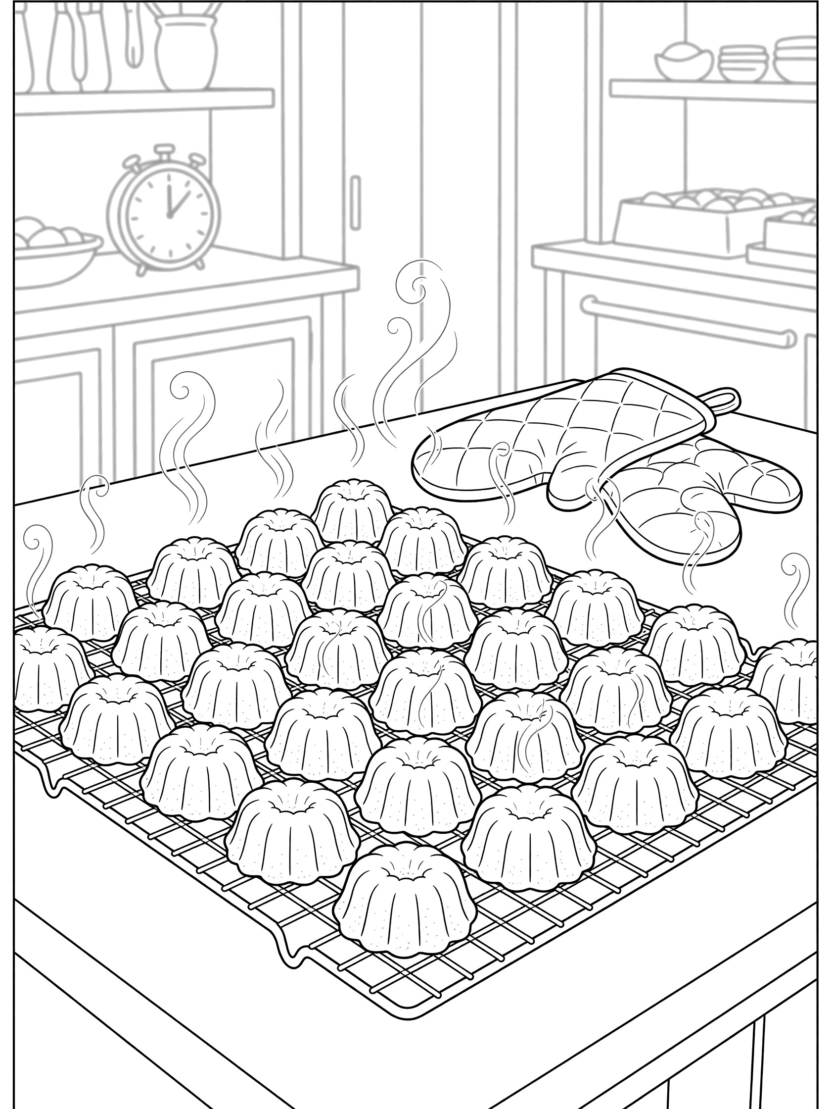 Black and white line art of rows of mini bundt cakes on a wire cooling rack with steam, oven mitts, kitchen timer, and bakery background.