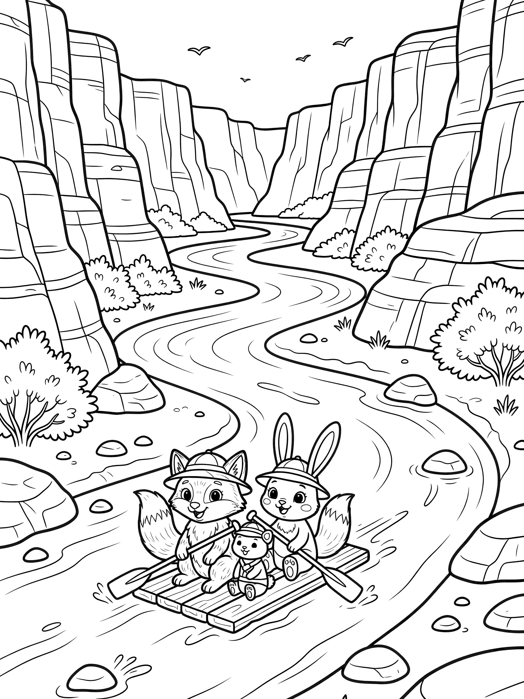 Cartoon coloring page showing adorable fox and rabbit on a raft in the winding river of Copper Canyon, with tall layered canyon walls, desert bushes, splashing water, and distant birds.