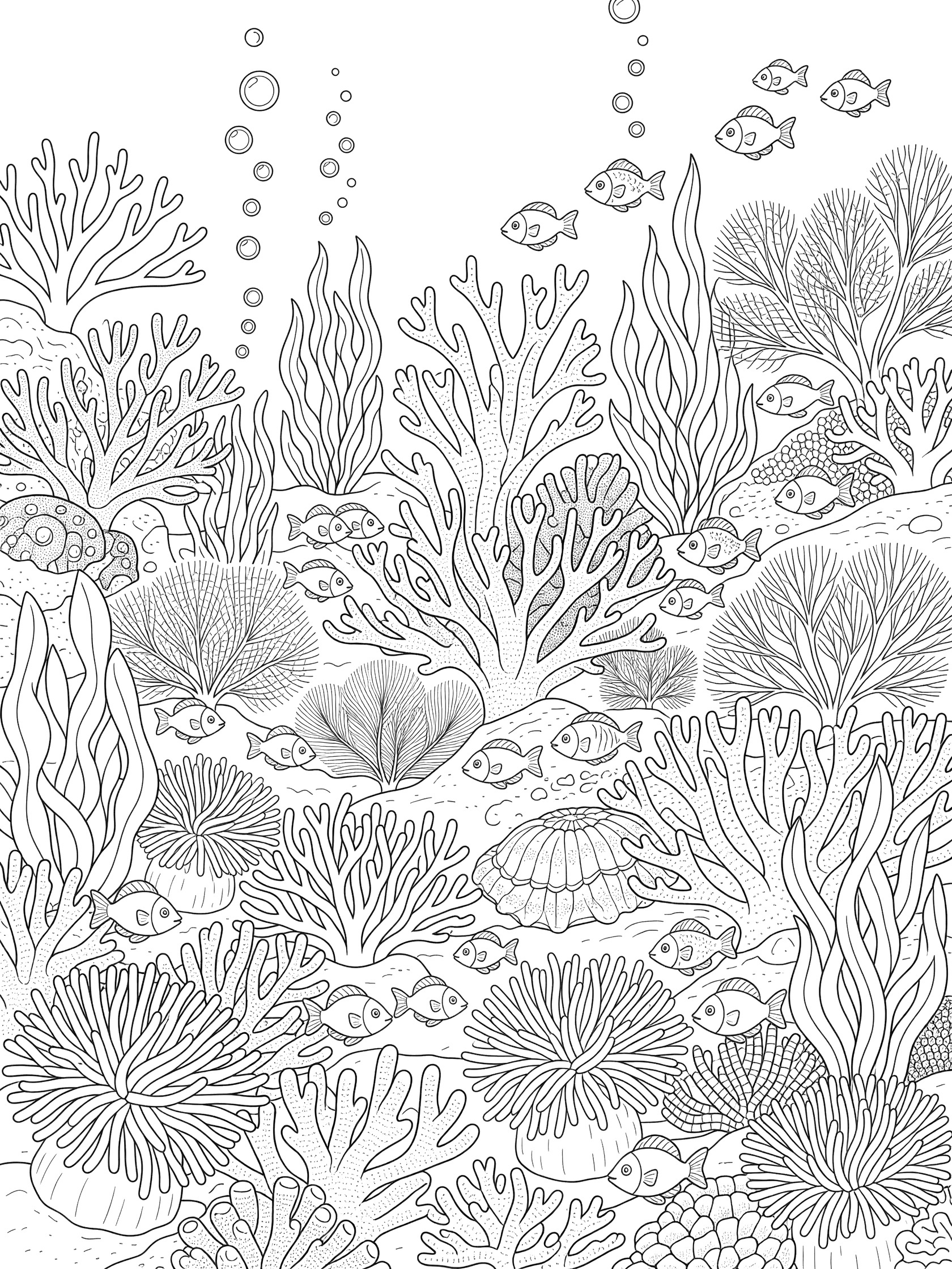 Detailed line art coloring page showing coral reef underwater scene with branching corals, fan corals, anemones, schools of small fish, seaweed, shells, and rising bubbles. San Clemente themed black and white printable line art