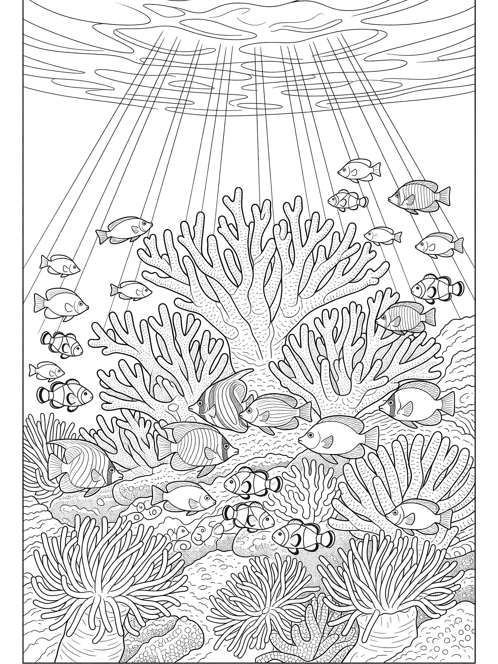 Black and white line art coloring page showing coral reef formations, tropical fish swimming around, sea anemones, and sunlight rays filtering through water. Teahupo'o themed black and white printable line art
