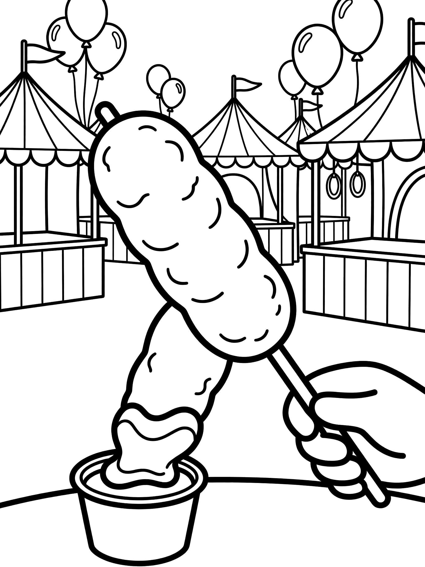 Cartoon corn dog held by hand dipping into mustard cup at state fair coloring page with circus tents, flags, balloons and game booths in background