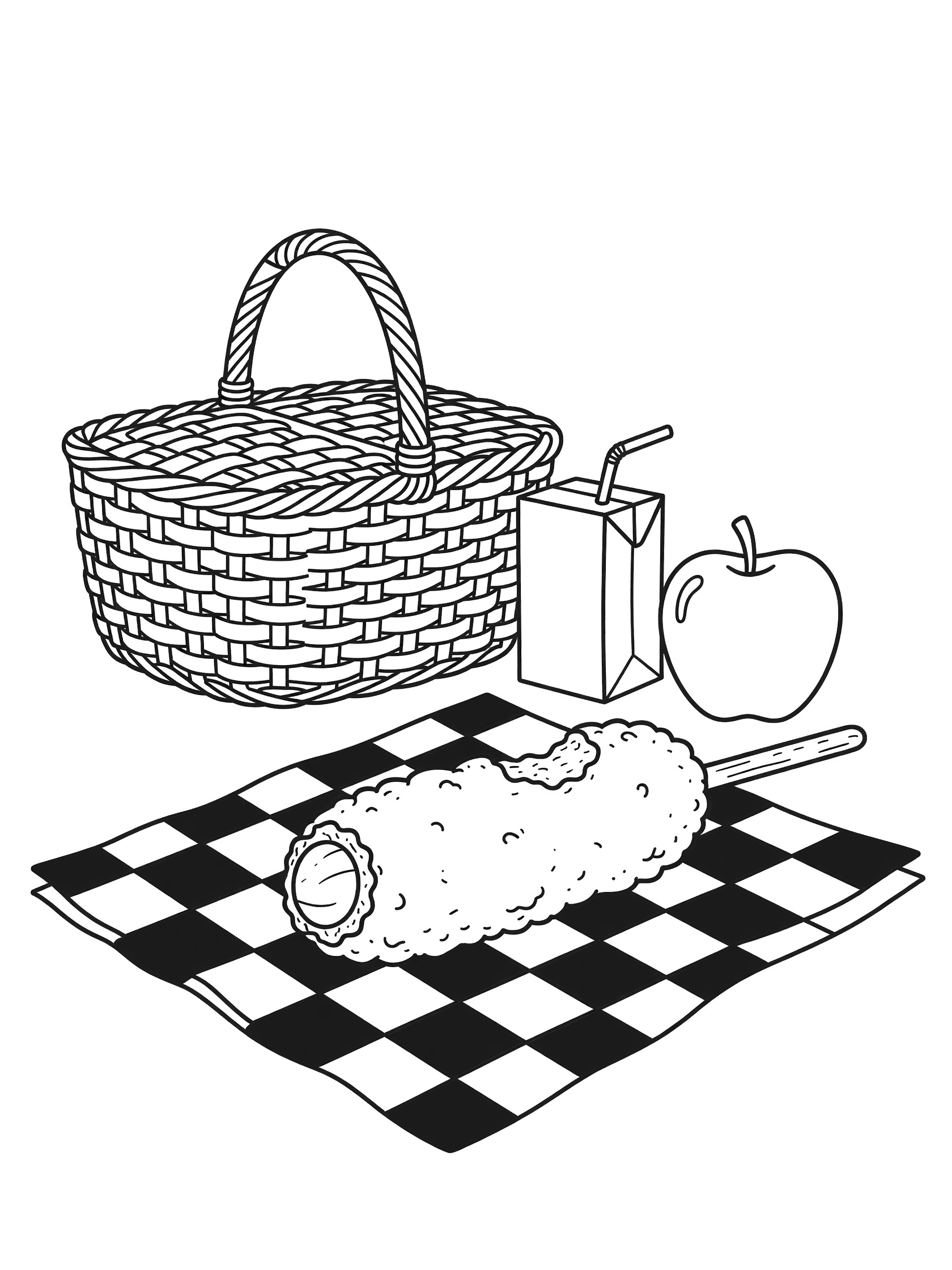 Black and white line art of a corn dog with bite mark on checkered napkin, picnic basket, apple, and juice box coloring page
