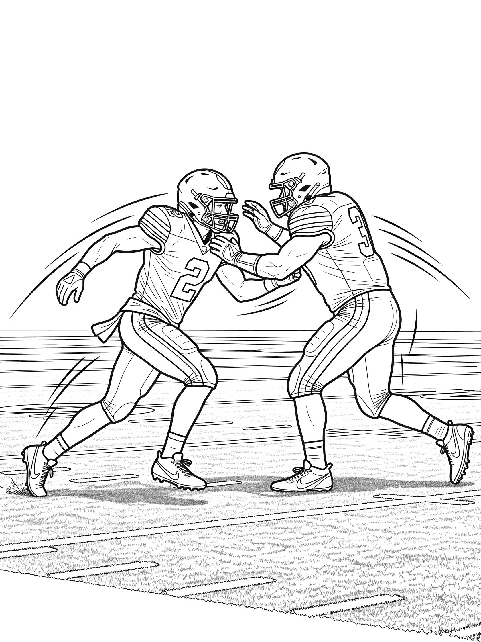 Line art coloring page showing a cornerback in orange jersey dodging a tackle from an offensive lineman during a football blitz on turf field with motion trails.