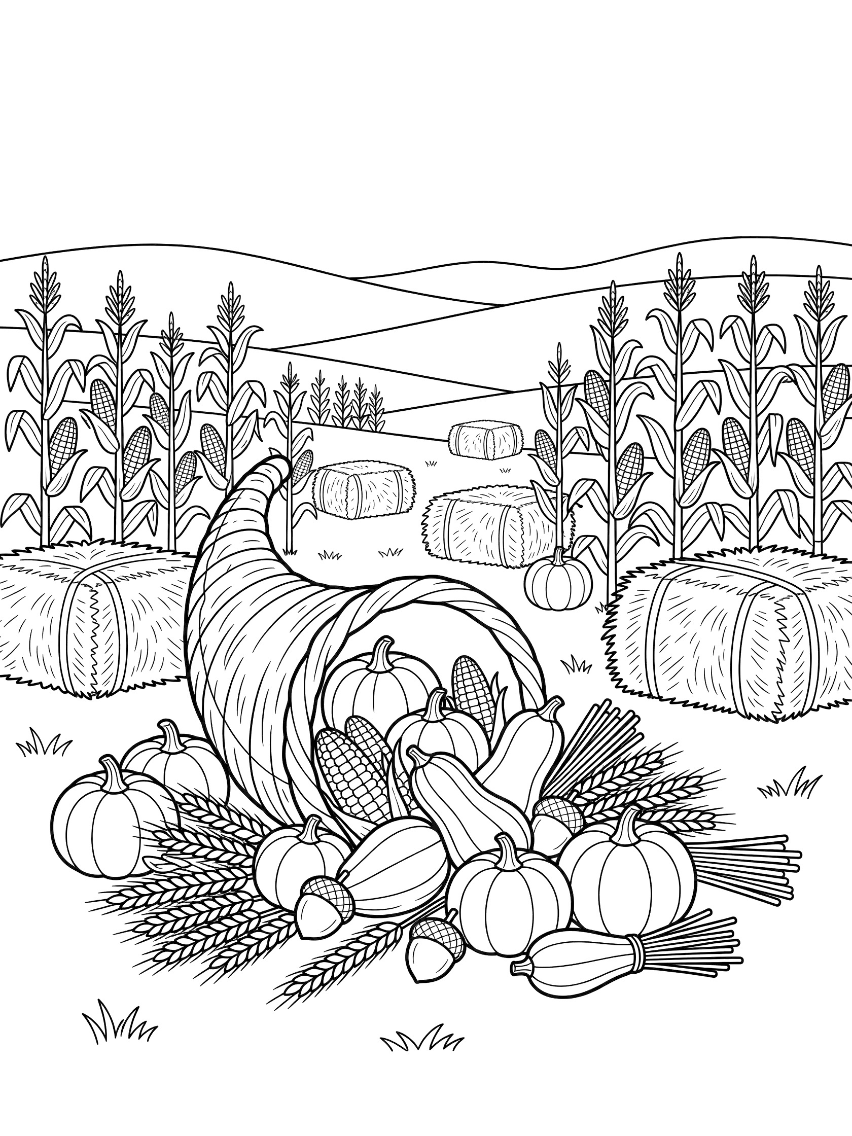 Black-and-white coloring page of a cornucopia overflowing with pumpkins, gourds, squash, wheat sheaves, and acorns in an autumn harvest field surrounded by tall cornstalks and hay bales with gentle hills.