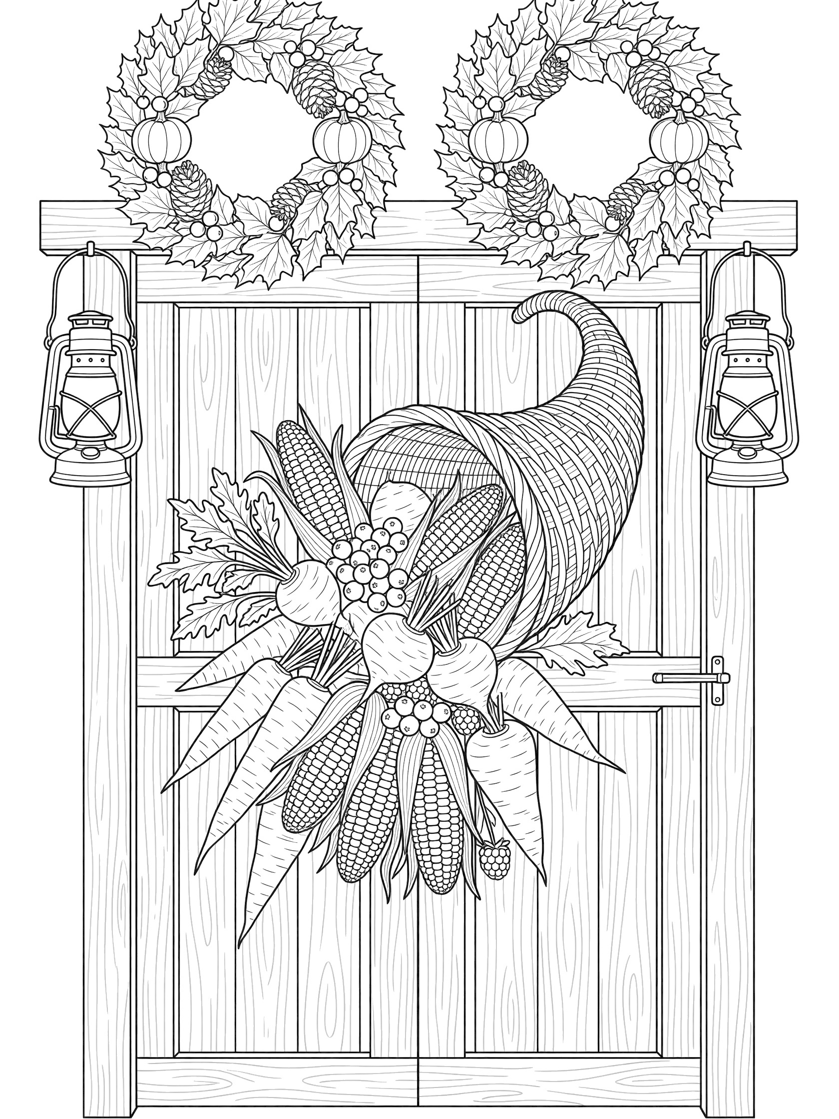 Black and white line art coloring page showing a cornucopia on a barn door with harvest vegetables, corncobs, lanterns, and wreaths.