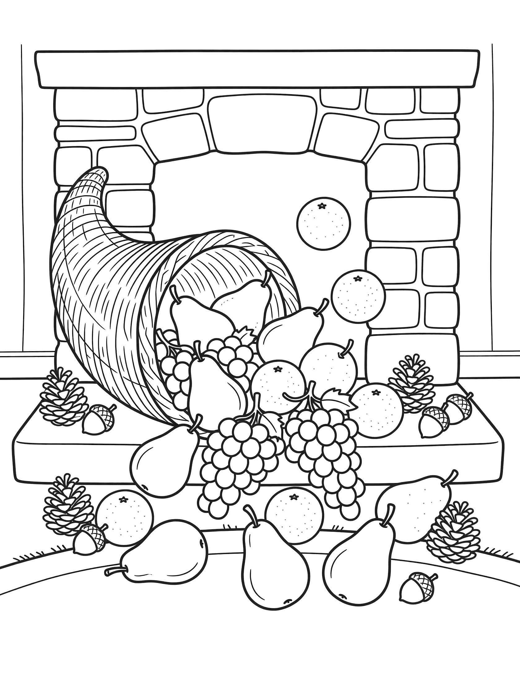 Black and white line art of a cornucopia spilling pears grapes oranges pinecones and acorns in front of a brick hearth