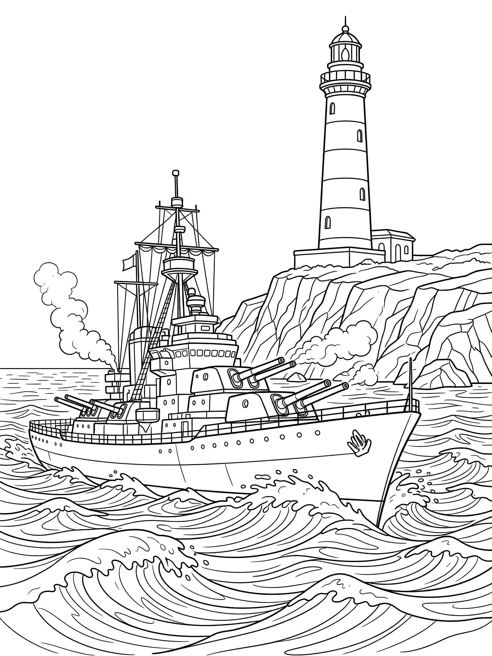 Black and white line art coloring page showing a naval corvette with gun turrets and flags saluting a lighthouse on cliffs with choppy waves and cannon smoke.