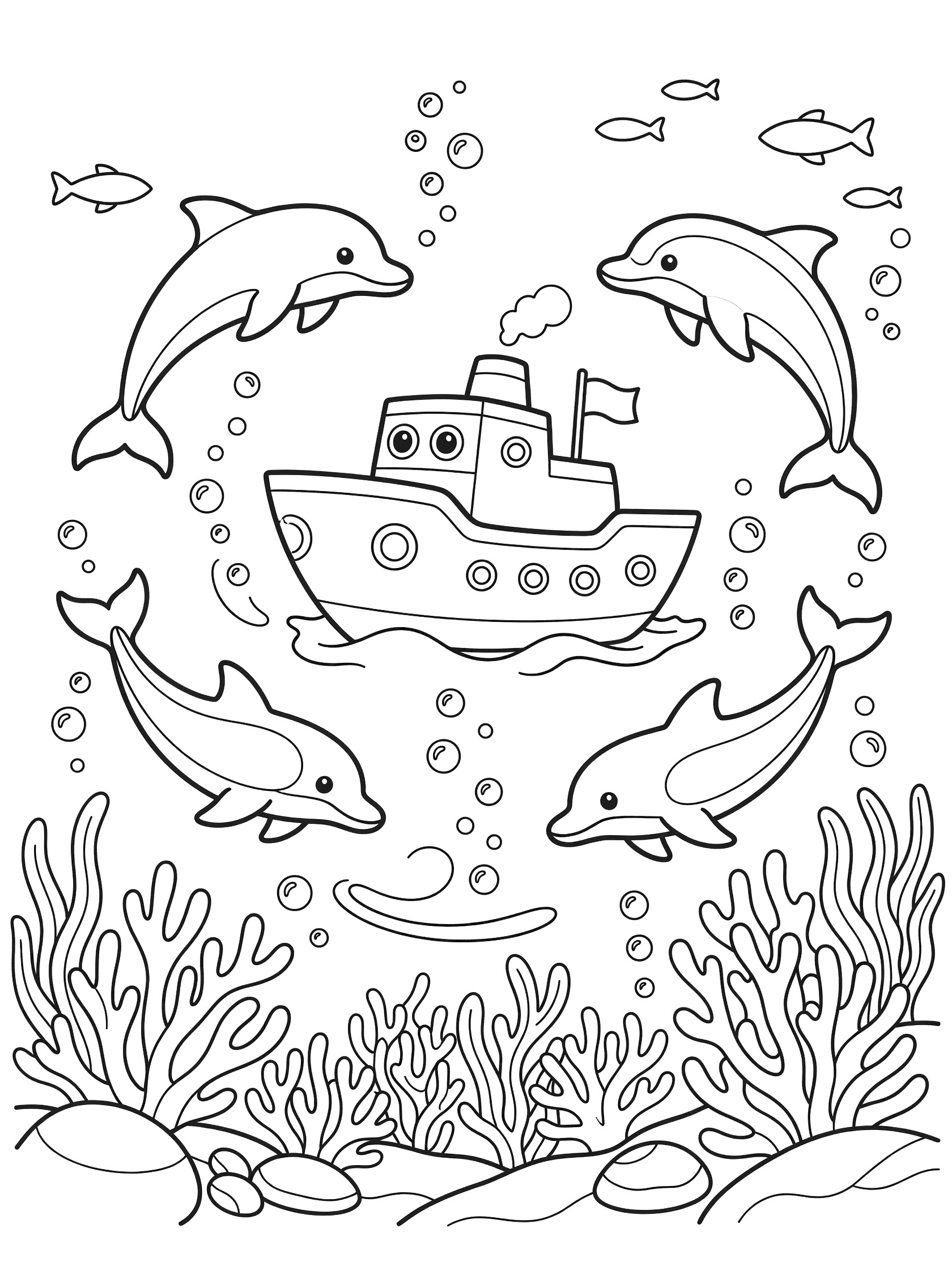 Printable coloring page showing a whimsical corvette military ship floating underwater with friendly dolphins leaping nearby, coral, fish, and bubbles.