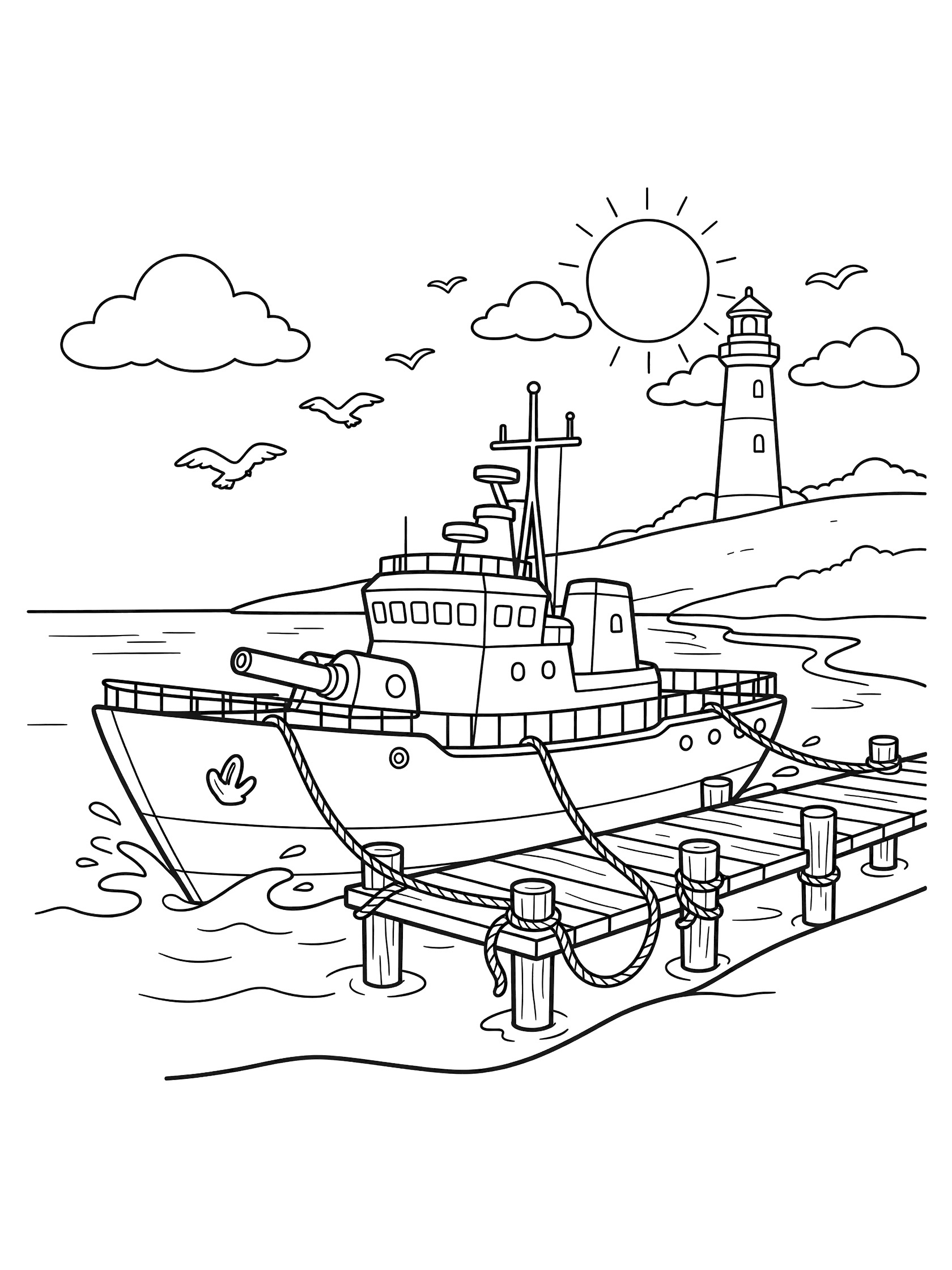 Cute cartoon corvette military ship docked at sunny harbor with pier, ropes, waves, lighthouse on hill, sun, clouds, and seagulls in detailed line art for easy coloring