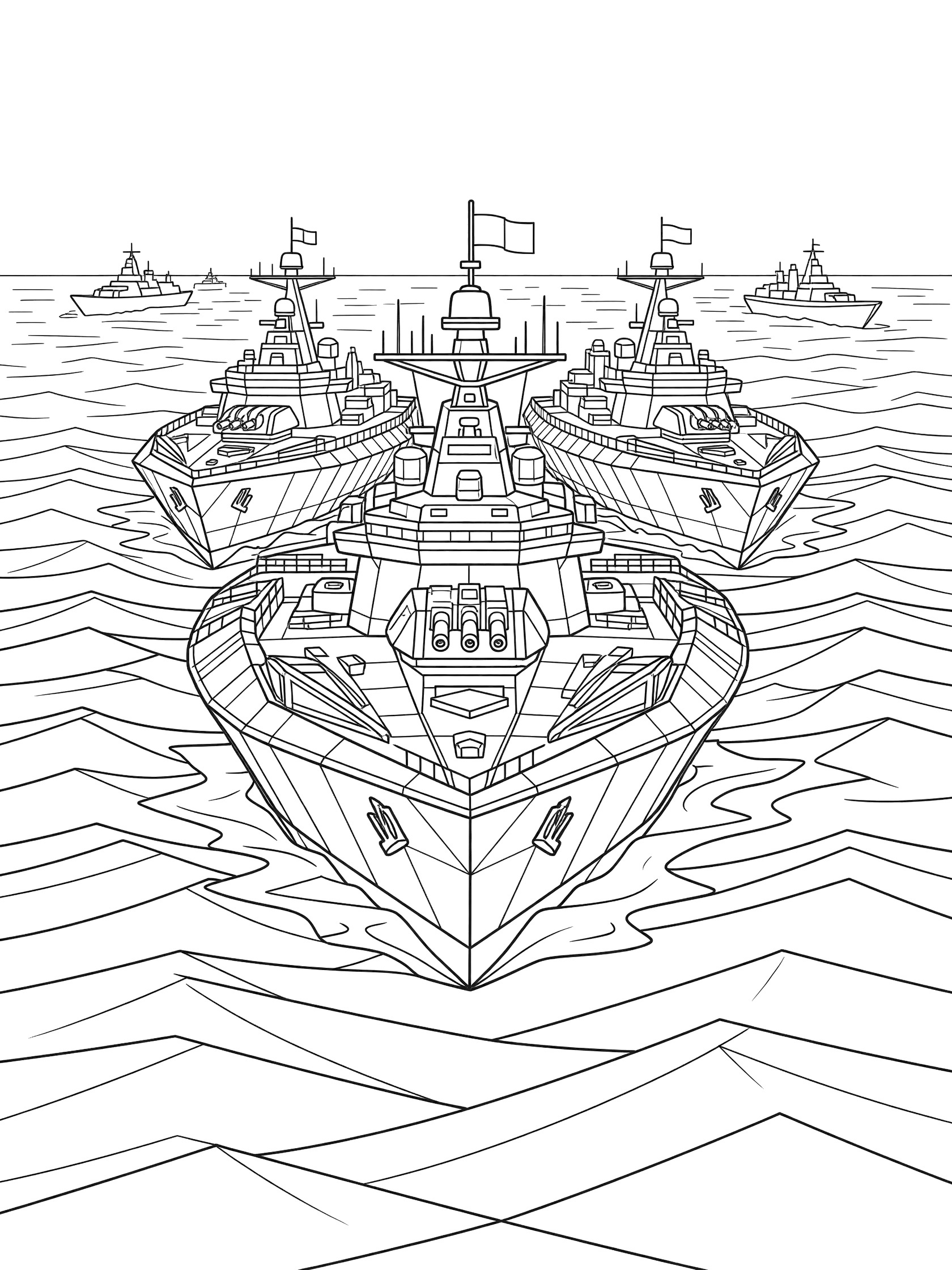 Black-and-white coloring page of a geometric corvette warship in front with allied destroyers in formation, ocean waves, and distant fleet silhouettes.