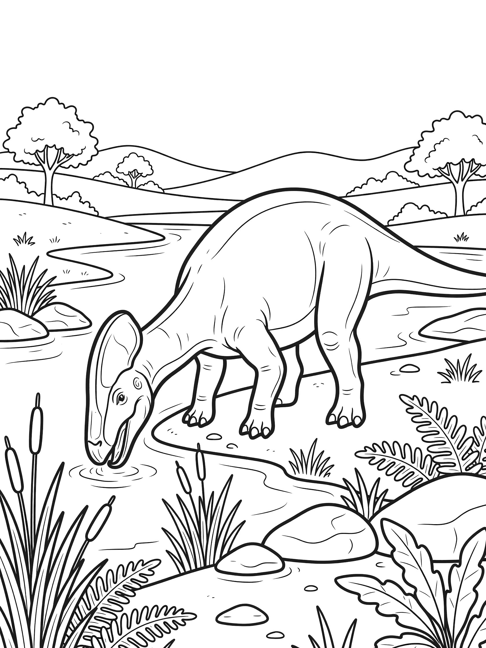 Black and white coloring page of Corythosaurus dinosaur with crested head lowered to drink at riverbank, surrounded by reeds, ferns, rocks, distant trees and hills.