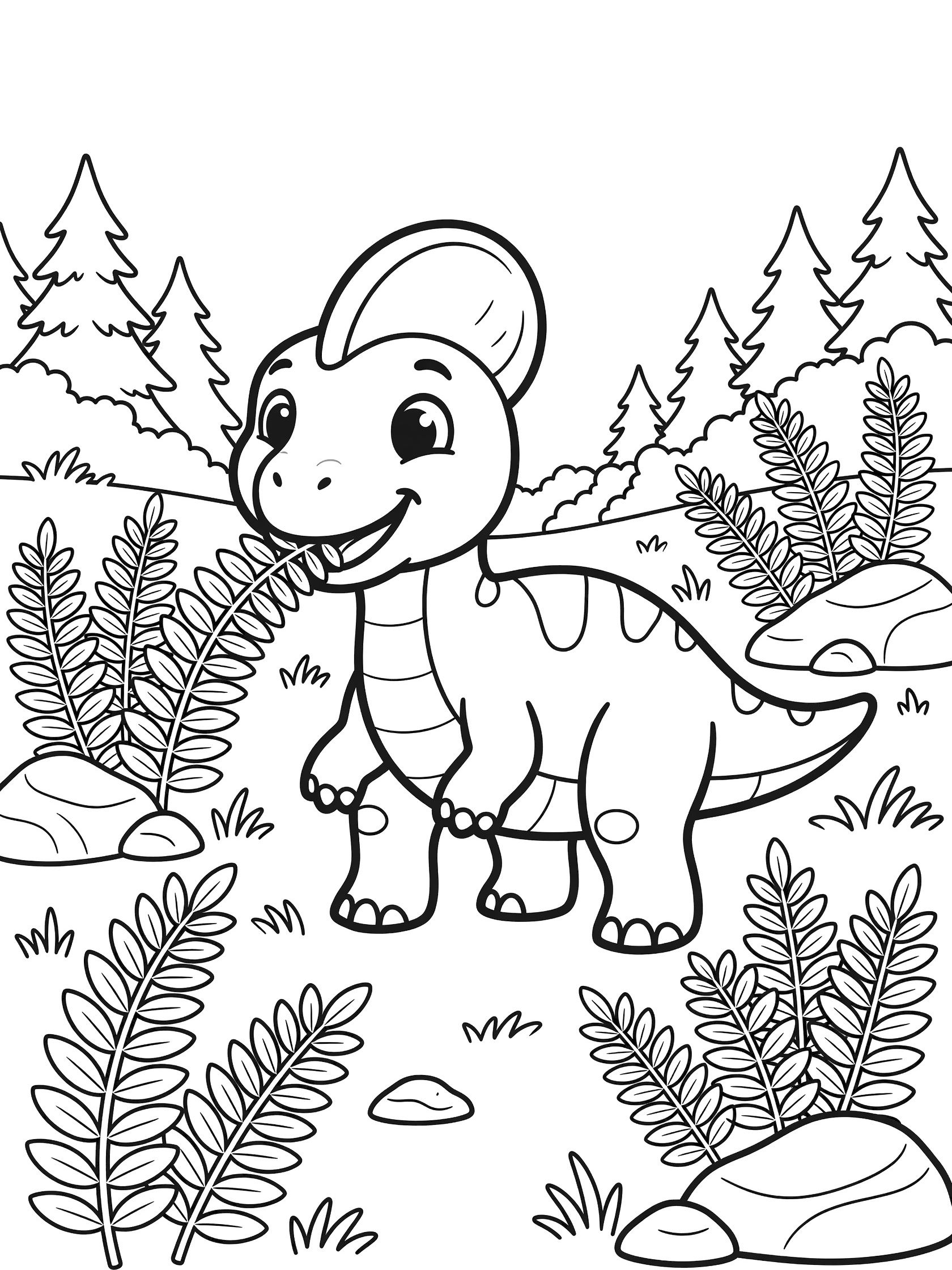 Cute cartoon Corythosaurus with crest and big eyes eating ferns, surrounded by ferns, rocks, and pine trees in black and white line art for coloring.