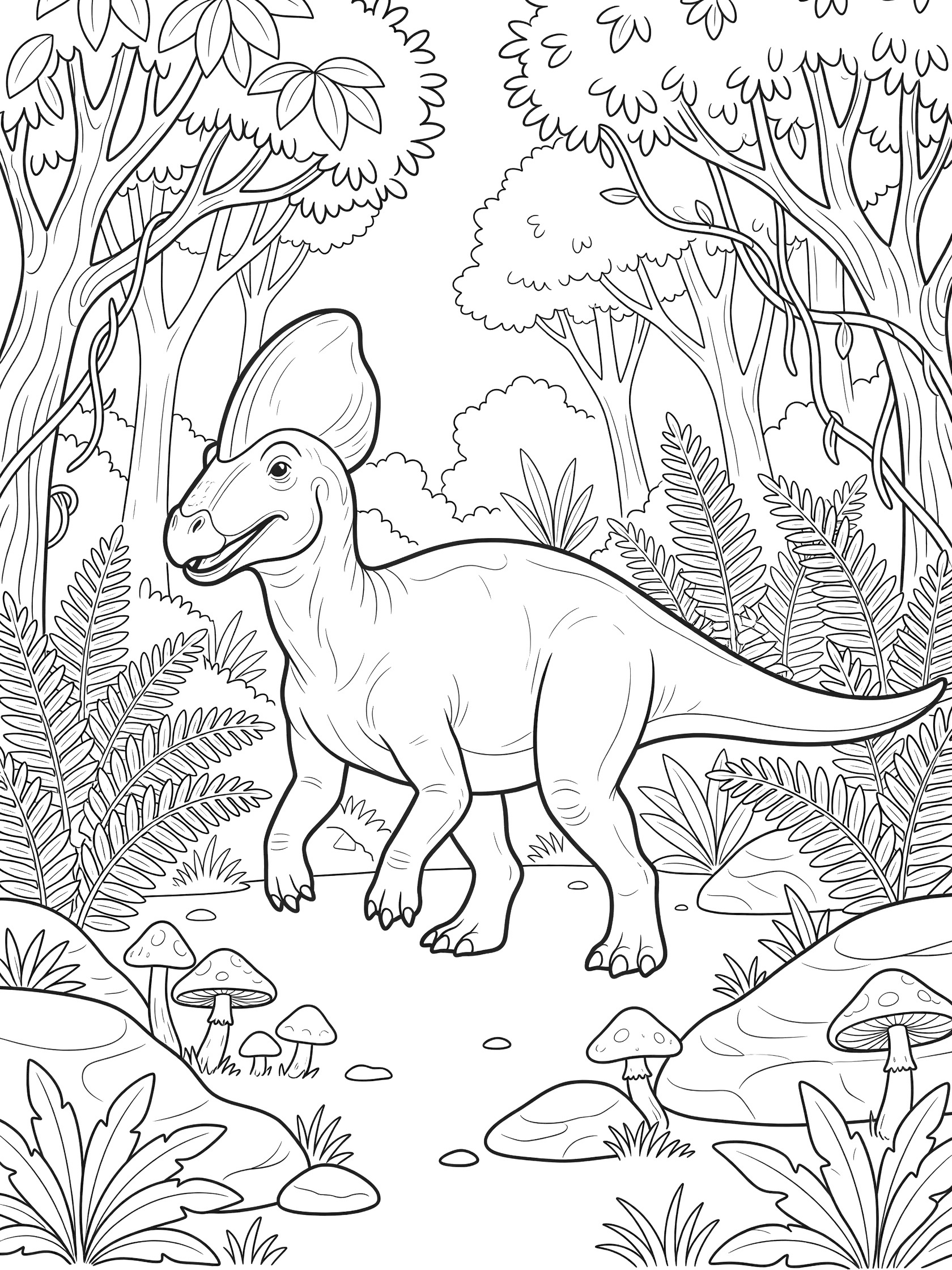 Black-and-white line art of a Corythosaurus with tall curved crest walking mid-stride through a prehistoric forest filled with ferns, broad trees, vines, rocks, and mushrooms.