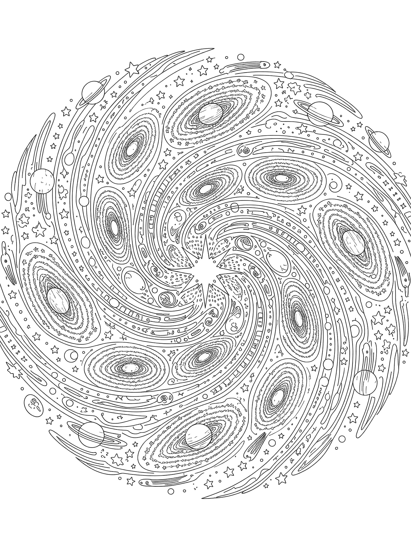 Black and white line art of a spiral cosmic mandala featuring a central star, orbiting planets, stars, and nebula swirls on a white background.