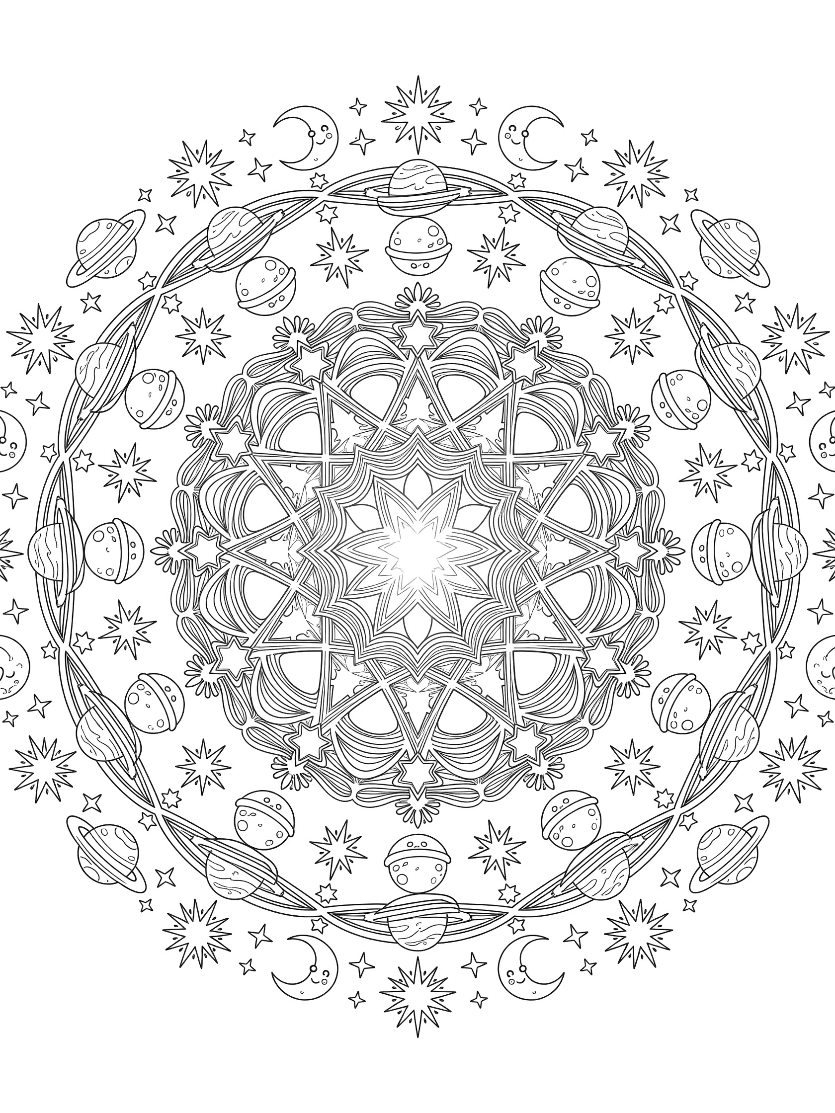 Simple mandala coloring page featuring a woven cosmic star at the center surrounded by cartoon planets, crescent moons, and starbursts in symmetrical layers.
