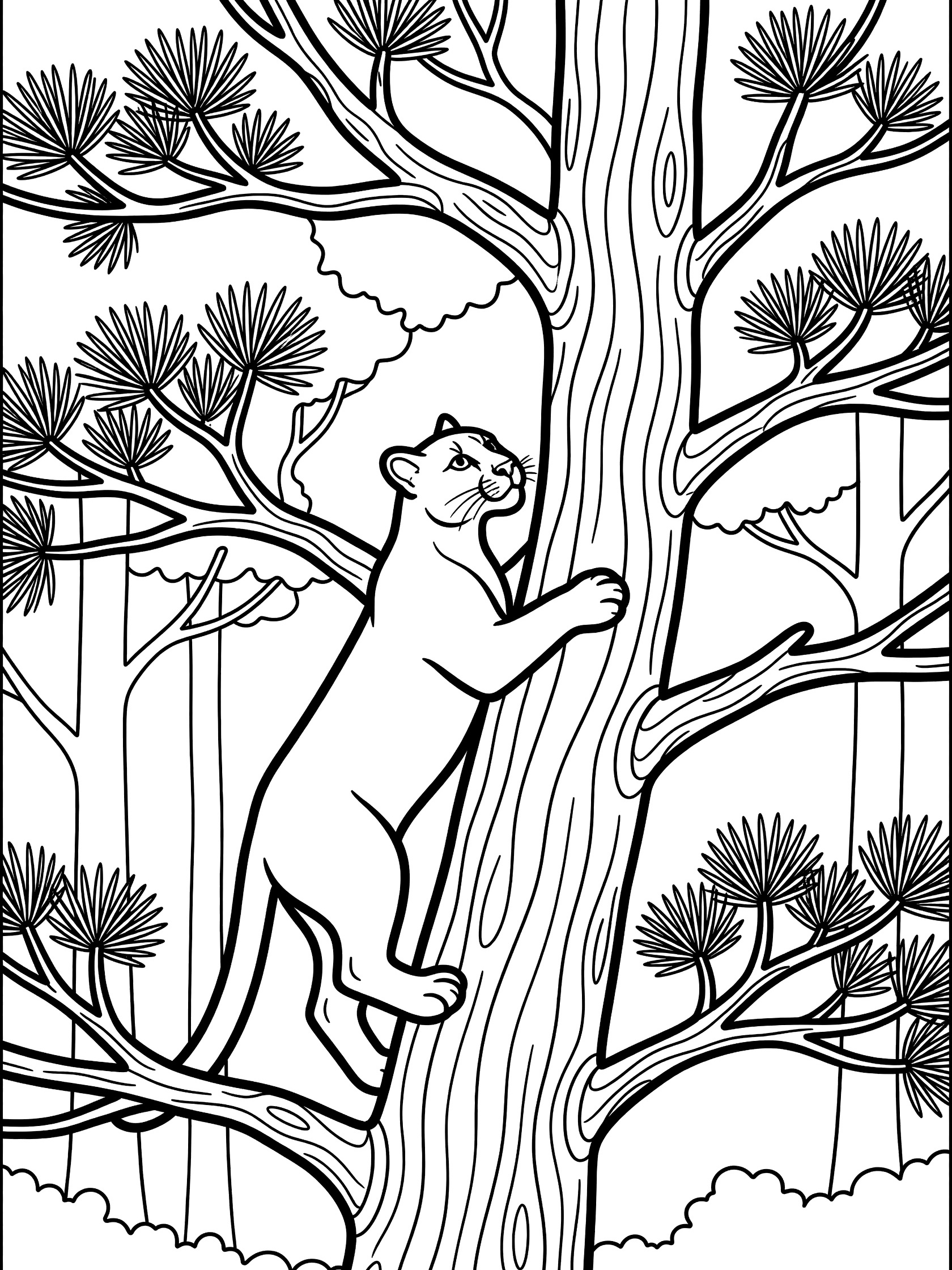 Black and white line art of a cougar climbing up a pine tree with forest background. Puma themed black and white printable line art