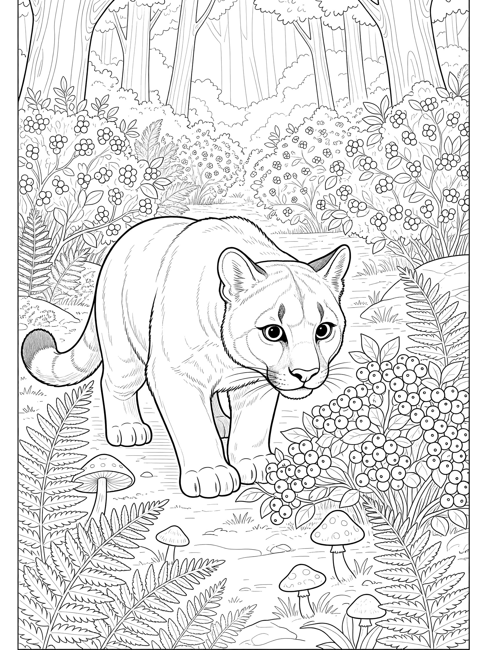 Black and white line art coloring page of a cougar walking toward berry bushes in a forest clearing with ferns, mushrooms, and trees. Puma themed black and white printable line art