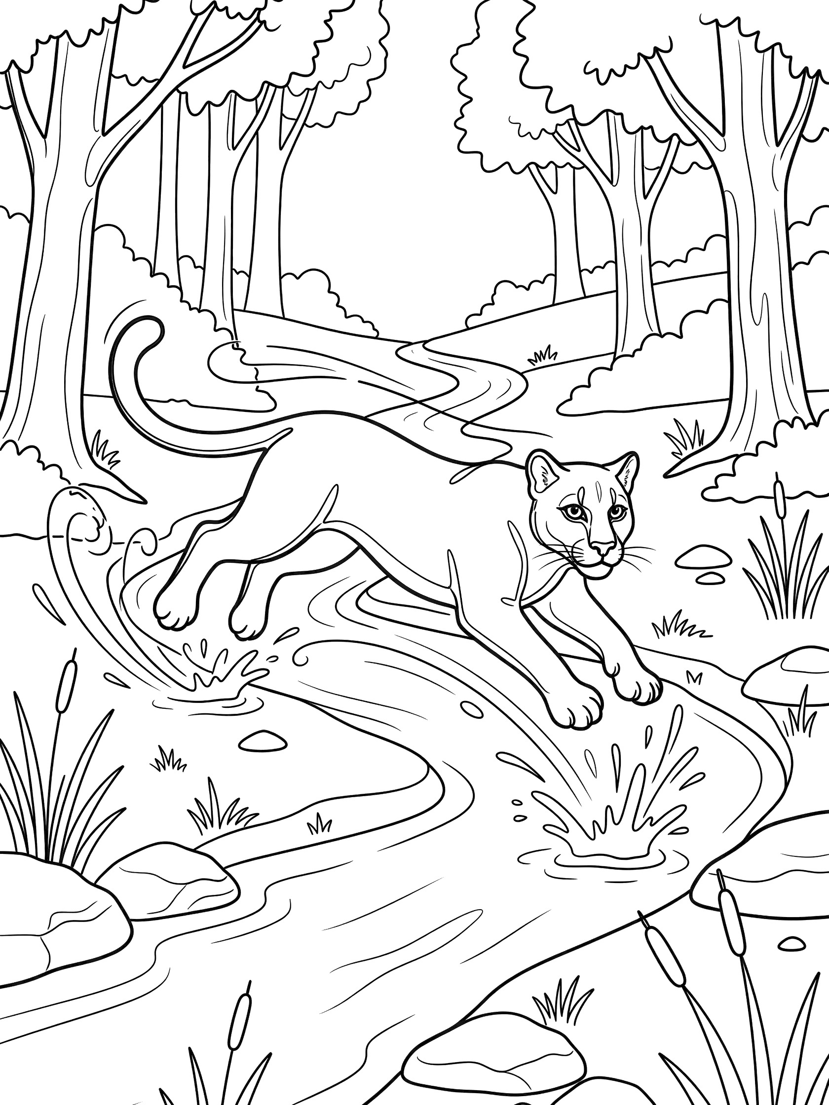 Black and white line art coloring page showing a cougar mid-jump over a winding stream surrounded by rocks, reeds and tall forest trees. Puma themed black and white printable line art