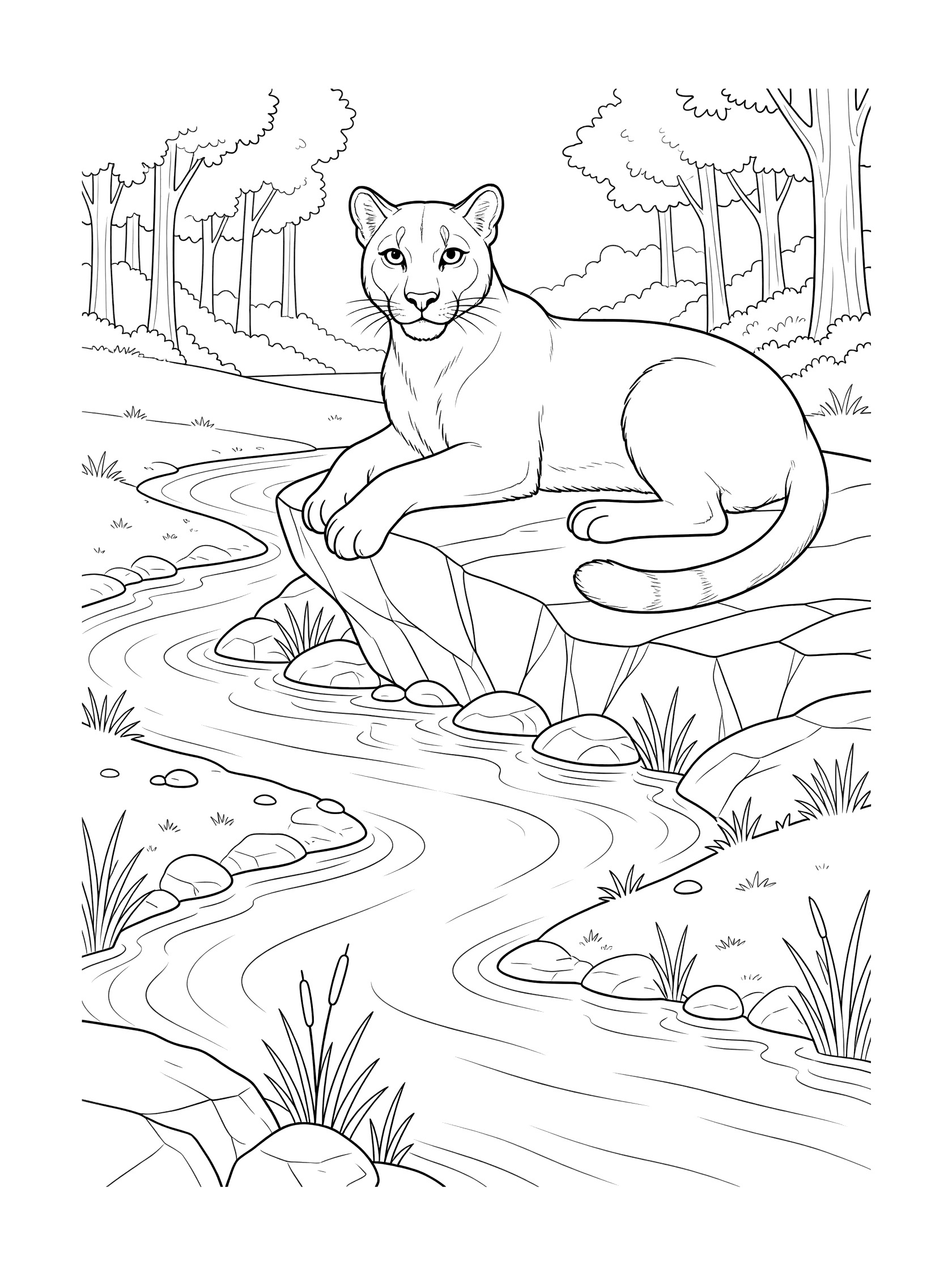 Black and white line art coloring page showing a cougar lying on a large rock beside a curving stream with pebbles, tall reeds, and distant trees in a forest scene. Puma themed black and white printable line art
