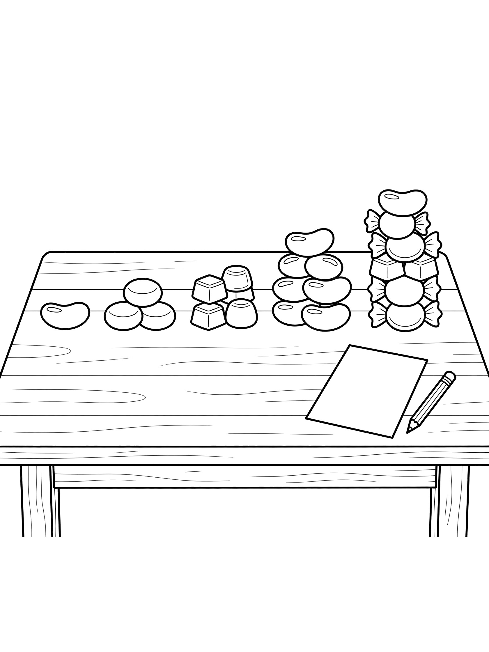 Black and white coloring page of candy stacks counting from one to five on a kitchen table with jelly beans, hard candies, chocolates, notepad and pencil.