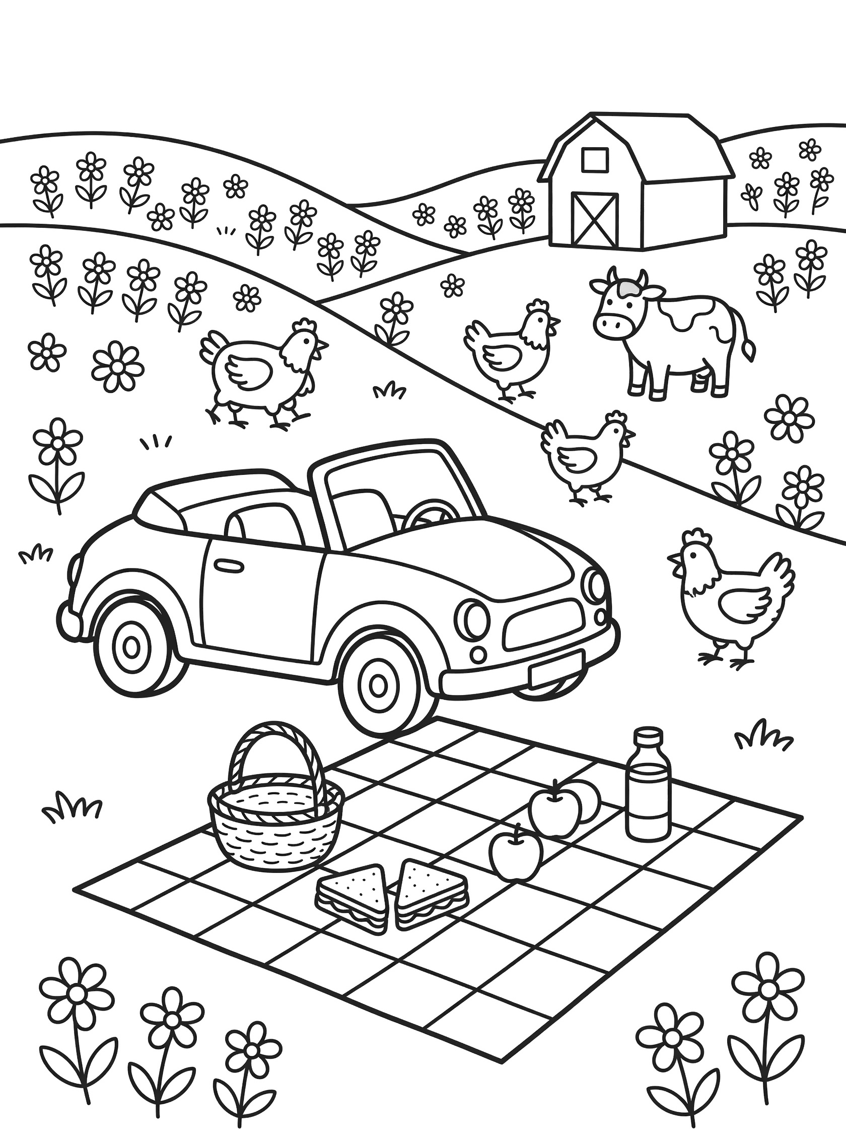 Whimsical line art coloring page showing an open-top convertible car at a countryside picnic with checkered blanket, basket, sandwiches, apples, juice, cow, chickens, barn and wildflowers.