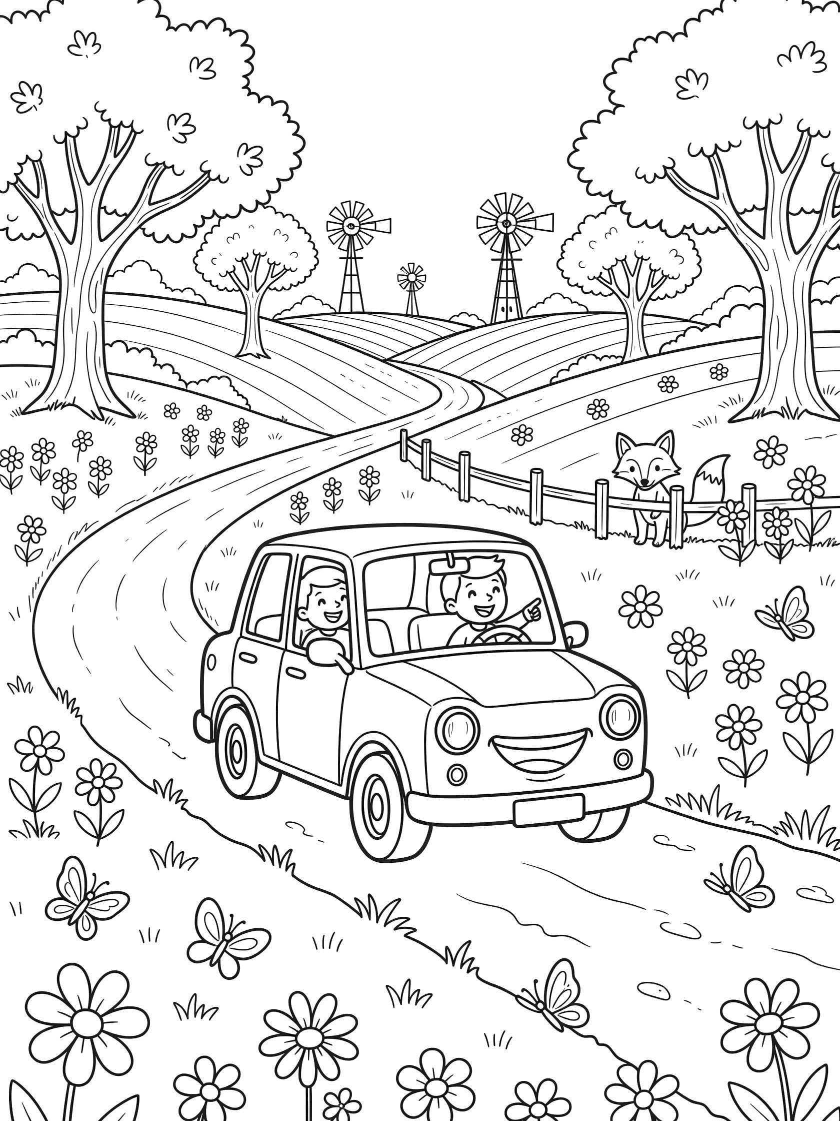 Whimsical line art coloring page showing a smiling yellow taxi car with driver and child passenger on a countryside dirt road, surrounded by flowers, butterflies, a peeking fox, trees, fence, and distant windmills.