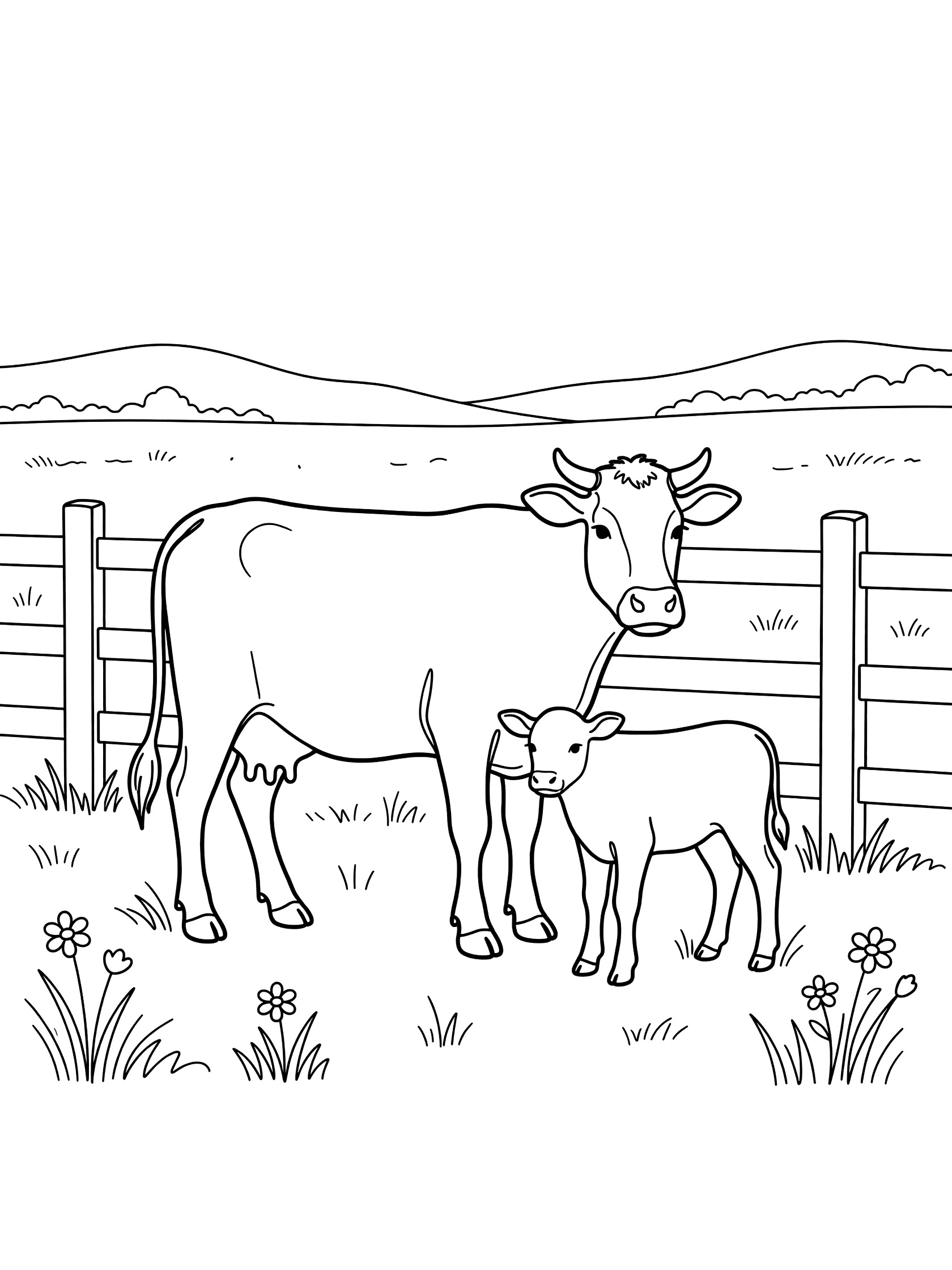 Printable coloring page showing a mother cow with her calf near a fence, grass, flowers, and rolling hills in the background