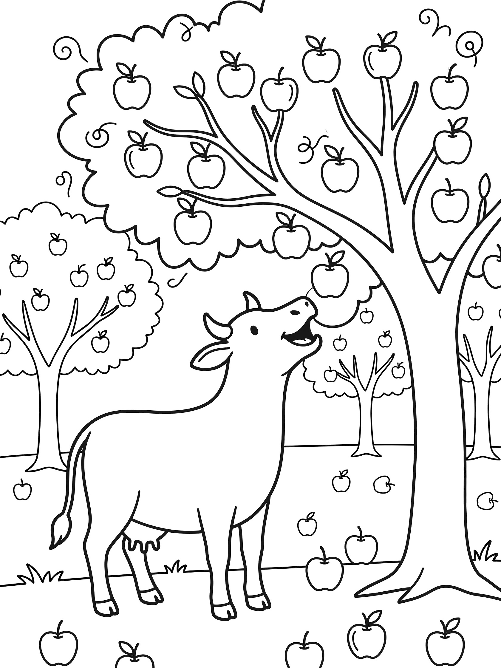 Black and white line art coloring page showing a cow standing on hind legs eating apples from a tree branch with more trees and fallen apples around. Cows themed black and white printable line art