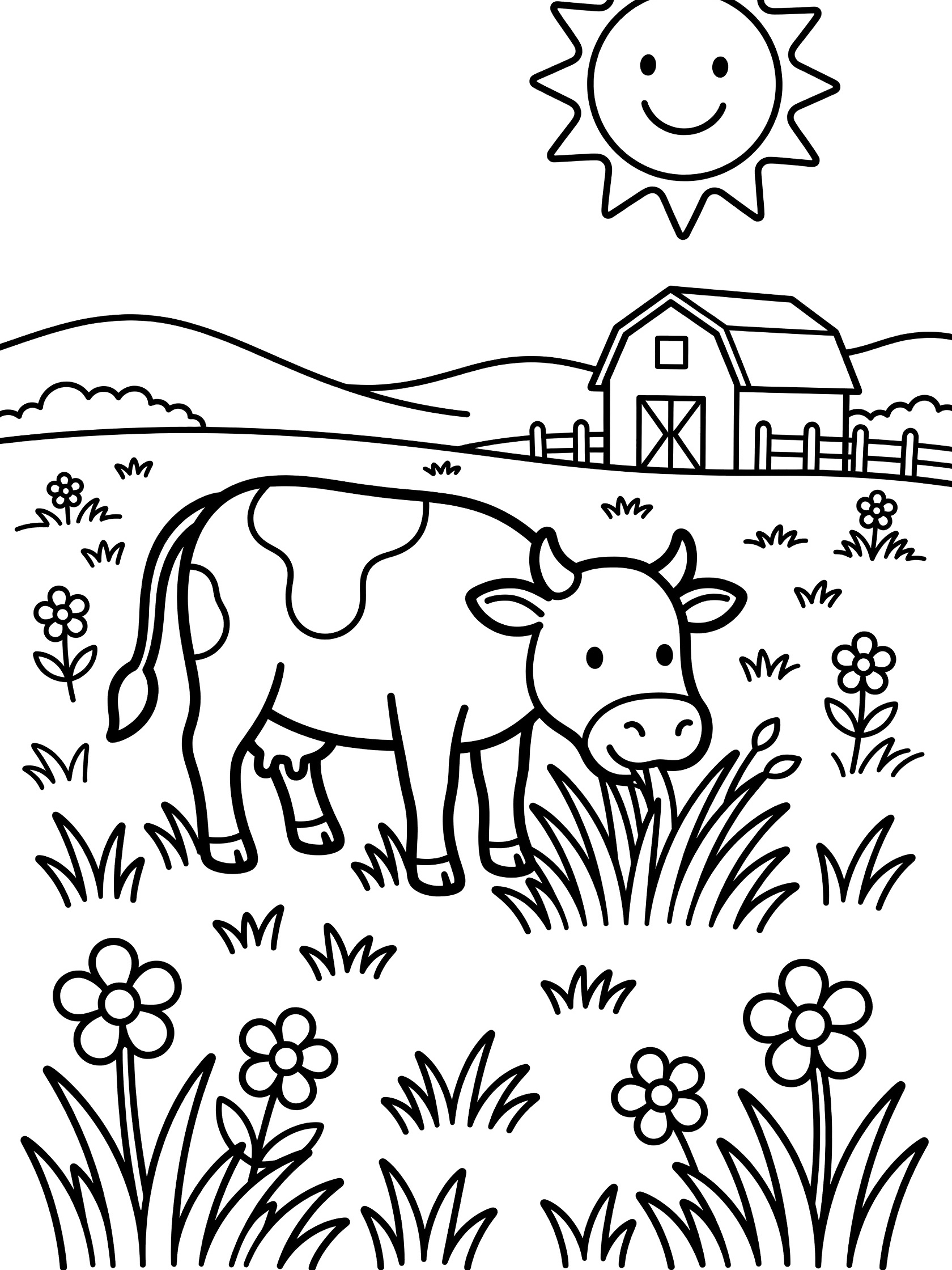 Simple cow coloring page showing a cow munching grass in a farm meadow with smiling sun, red barn, flowers, and rolling hills. Bold lines for easy coloring.